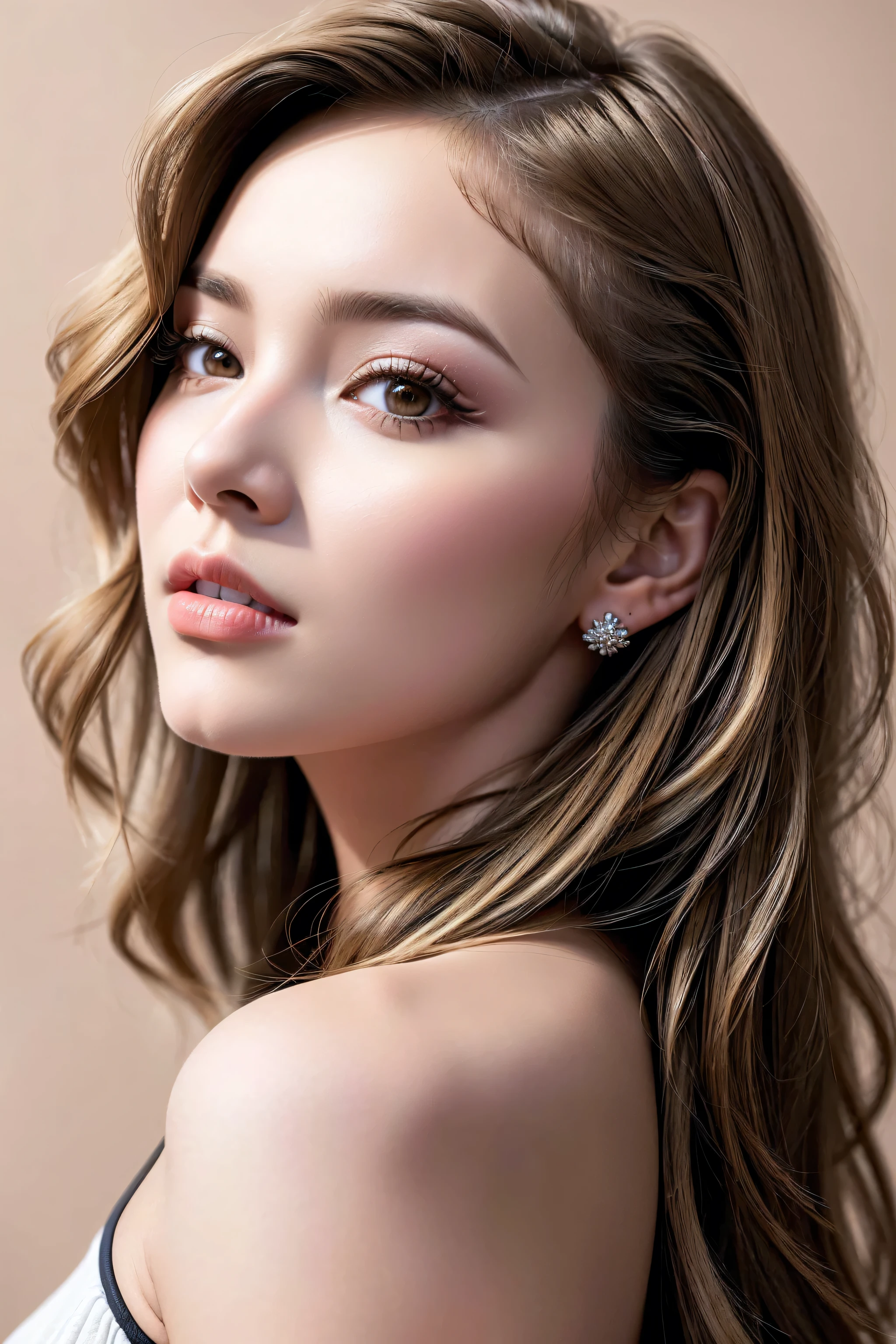 Realism, a realistic photo of (1girl:1.3, 20-year-old), ((in a photo studio)), (Warm color background:1.25), (blonde hair, (wavy, combed up, behind the ear), ultra details:1.3), (extremely detailed CG unity 8k wallpaper), (best high quality real texture skin:1.3, A woman with velvety skin:1.2), ((best high quality real texture hair)), photo of the most beautiful artwork in the world, professional majestic (photography by Steve McCurry), 8k uhd, dslr, soft lighting, high quality, Fujifilm XT3 sharp focus, f 5.6, High Detail, dramatic, ((Dynamic position:1.3)), ((wide shot from random side of face:1.4)), Wear a white tank top, (the most absurd quality perfect eyes:1.15), ((super beautiful cute sharp-face)), (light pale complexion), ((clear no blur and sharp perfect round realistic brown_eyes:1.25), ultra details), ((finely detailed pupils:1.2)), ((detailed symmetrical lips:1.3)), pink_lipstick:1.25, (natural light), (zoom out the camera)
