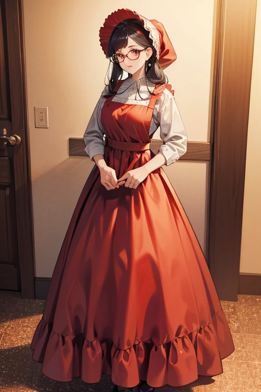 wears a red bonnet, eyeglasses, a floor-length dress, and an apron. SPARKLE; GLITTER