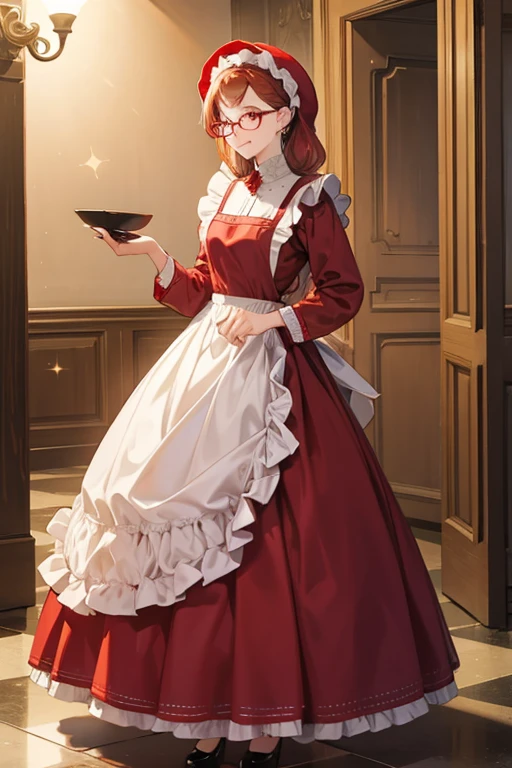 wears a red bonnet, eyeglasses, a floor-length dress, and an apron. SPARKLE; GLITTER
