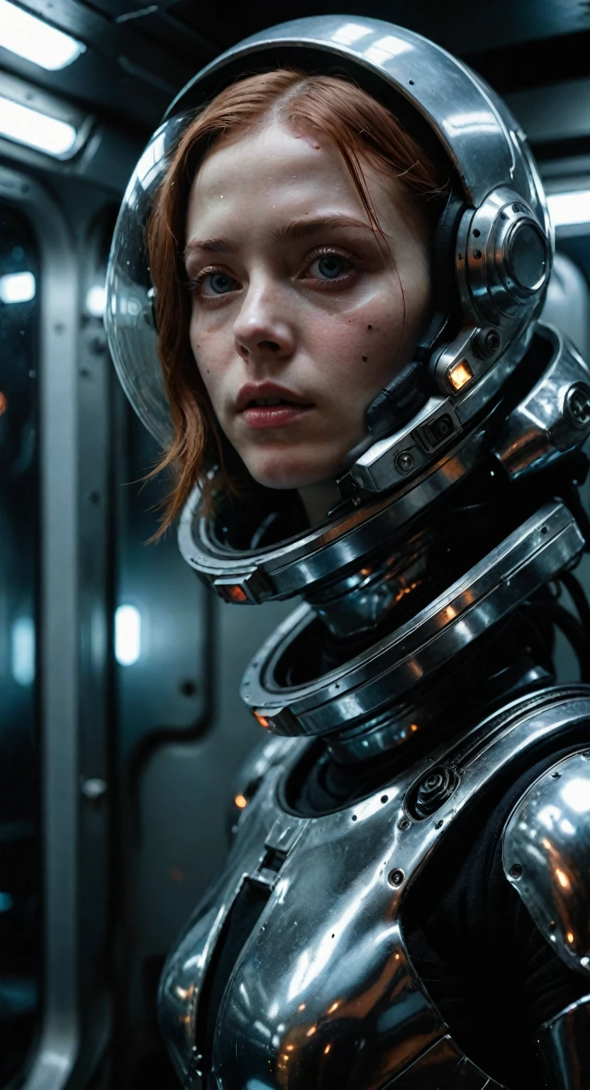 (high quality,4k,8k,masterpiece:1.2),ultra-detailed,realistic,sci-fi,portrait,blurry background,studio lighting,vivid colors,metallic textures,shiny space suit,lonely atmosphere,lost in space,detailed face expression,long eyelashes,curious gaze,hypnotizing eyes,lost in thoughts,confined corridor,spaceship interior,futuristic lighting,eerie ambiance,reflective surfaces,transparent glass window,cosmic views,hauntingly beautiful,unrealistic complexion,hyperrealistic skin,pale and flawless skin,natural makeup,uncanny valley effect,intense emotions,abandoned feeling