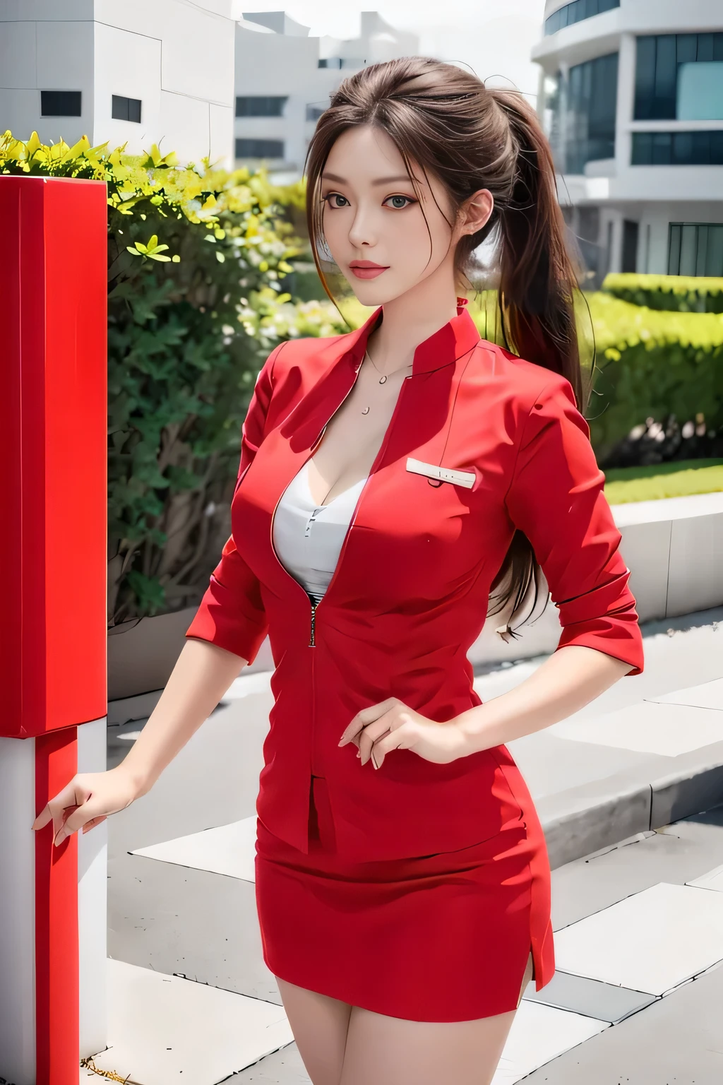 AirAsia red jacket uniform、Long hair down to the legs、Dark brown hair、Hair 、Tie your hair back in a ponytail、ponytail、Red rubber band、Luxury earrings、Captivating look、Blue Eyes、22 year old Asian female、