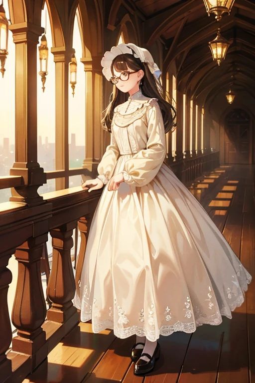 She wears a long sleeve floor-length dress, a lace-trimmed bonnet, brown shoes, and gold spectacles on the bridge of her nose. SPARKLE; GLITTER