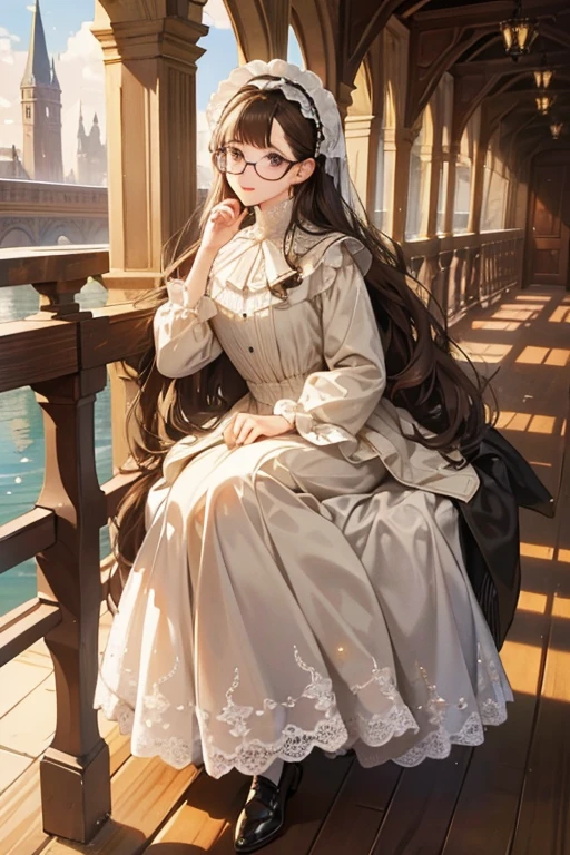 She wears a long sleeve floor-length dress, a lace-trimmed bonnet, brown shoes, and gold spectacles on the bridge of her nose. SPARKLE; GLITTER