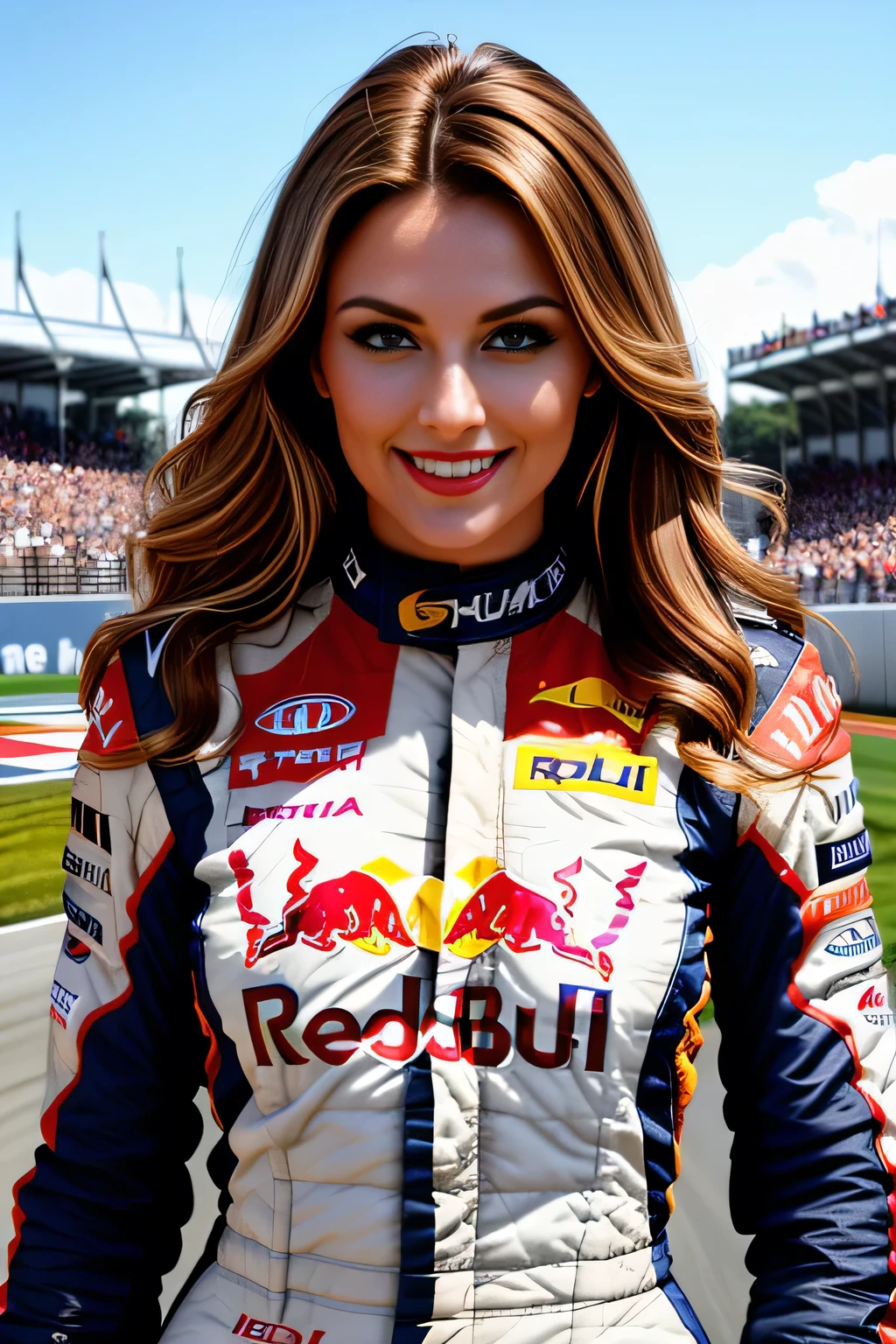 (best quality,highres,ultra-detailed),beautiful girl,light brown hair,green eyes,Imola F1 grand prix,girl wearing an edecan redbull outfit,portrait,studio lighting,realistic,vivid colors,lively atmosphere,exciting race,f ast F1 ((redbull f1 car)) ,instant action,thrilling moments,cheering crowd,breathtaking speed,curved tracks,impressive circuits,innovative technology,spectacular view,energetic atmosphere,smiling face,dynamic poses,confident attitude,graceful presence,positive energy,excitement in the air,passionate fans,exciting race cars,racing roars,speedy turns,captivating beauty,celebrating victory,unforgettable experience,adrenaline rush,memorable moments.