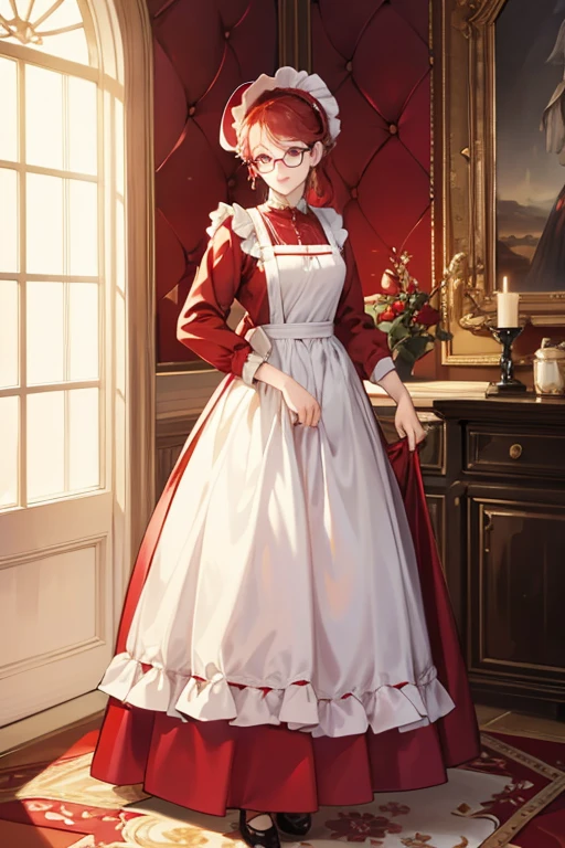 wears a red bonnet, eyeglasses, a floor-length dress, and an apron. SPARKLE; GLITTER