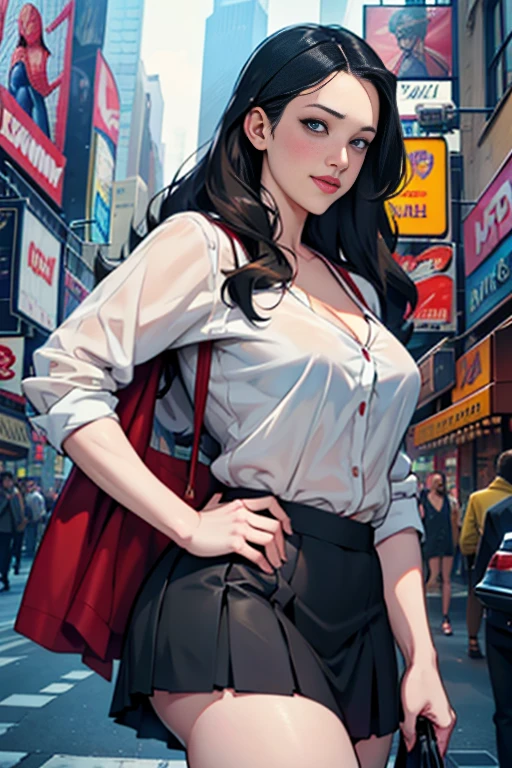 Kat Dennings、マーベルコミックの映画Poster、so beautiful、Movies about Spider-Man、sexy、whole body、Wearing a skirt、Premiere Date、Poster、belly buttonを突き出す、new york、She&#39;s wearing a ripped Spiderman suit、The suit is torn、Wearing a skirt、Red and black color scheme、dynamic、masterpiece、highest quality、Super detailed、Very detailed、Delicate and beautiful shine、Ultra-high resolution、Cinematic、break、breakドロップ、(Torn clothes:1.5)、(Wet clothes:1.4)、Bare shoulders、Real Rain、Wet Hair、belly button、Exposed Skin、sexyな肩を披露