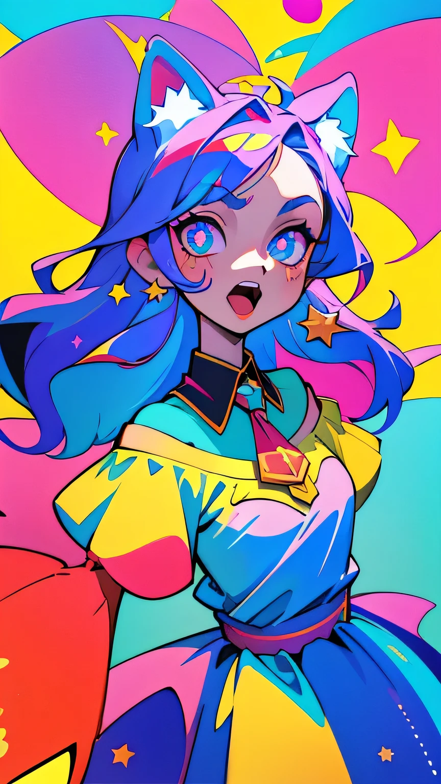 (masterpiece, best quality), ((1girl, (mature female) long hair), (star-shaped pupils, +_+, symbol-shaped pupils, sparkling eyes), (cat ears, open open mouth)), (looking at viewer, light smile, off shoulder), (abstract, multicolored background, abstract background, chromatic aberration), vampire, blood on face, blood on clothes, bat wings
