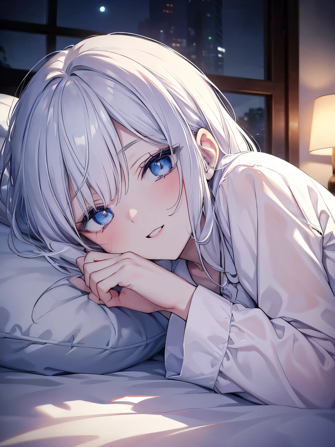Masutepiece, Highest Quality, (Perfect face:1.1), (high detailing:1.1), (ultradetailed eyes), Dramatic,superfine illustration,Extremely detailed,1girl in,teenager,pale skin,long white hair,Ethereal eyes,Blue eyes, With eyes highlights,Solo,Smile,Happy,Laugh,Enjoy, Open mouth,Pouty lips,Cinematic lighting, Cowboy Shot, pajamas, sleeping,indoor,lying on back,bedroom,midnight