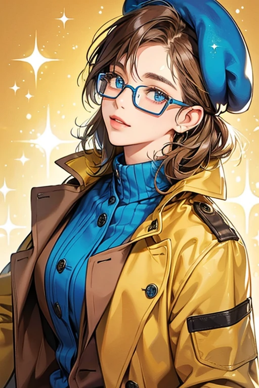 a blue beret and glasses,  yellow shirt ,  brown jacket. SPARKLE; GLITTER
