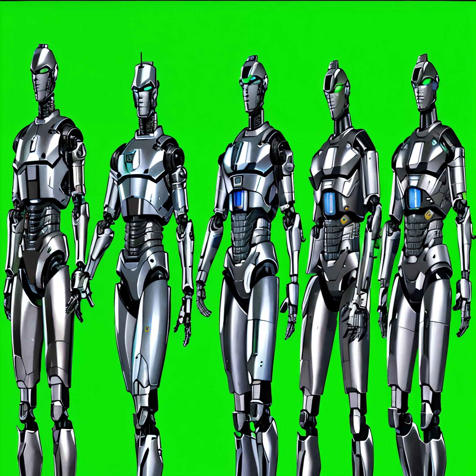 three different views of a robot standing in a line with a green background, cybernetic and highly detailed, cybersuits, lots of 3 d cyborg elements, enormous chrome man, male android, robot metallic armor, futuristic robot body, cybernetic body, diverse cybersuits, clones, robots, highly detailed cybernetic body, focus on two androids