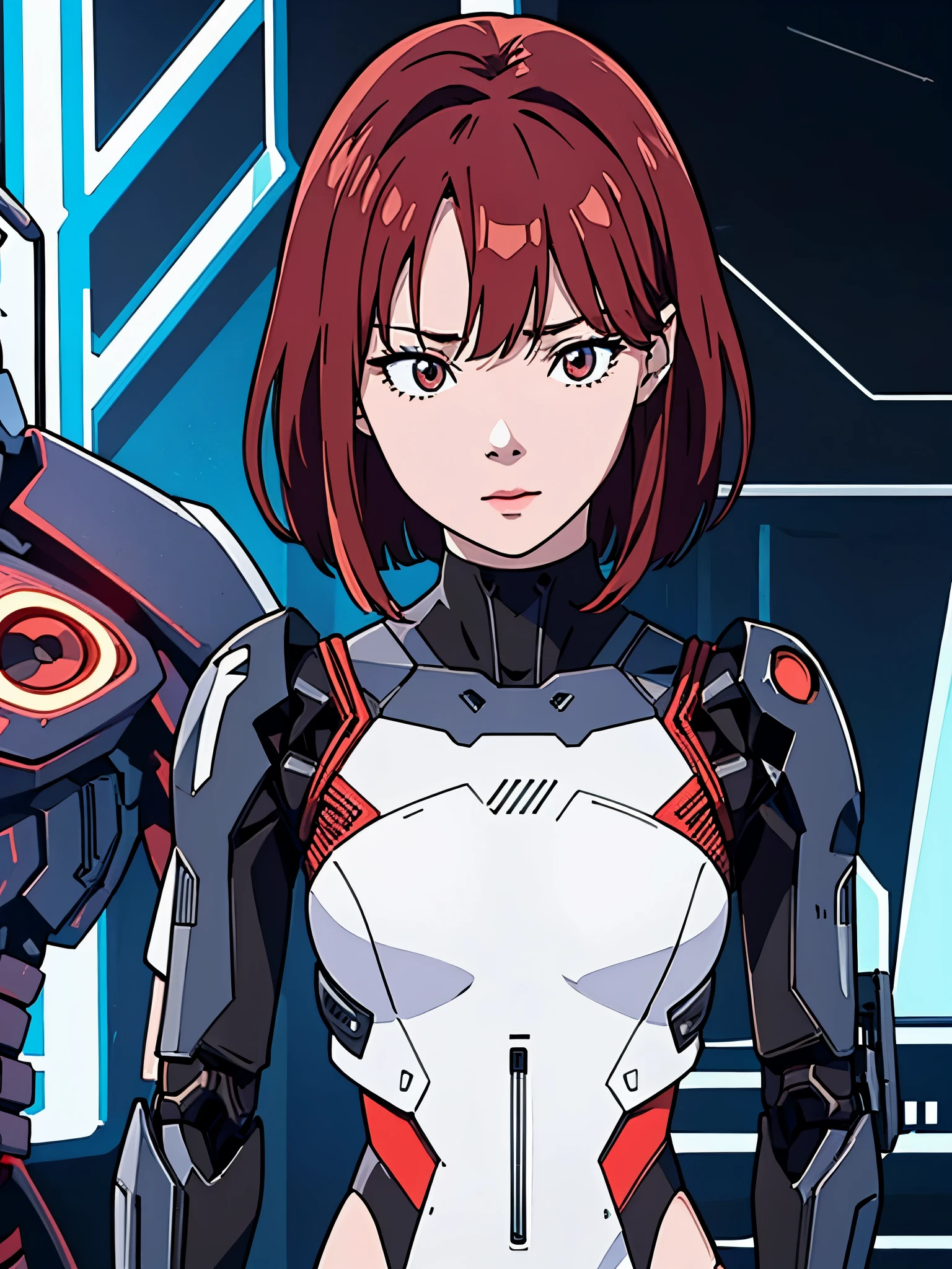 digital art drawing, illustration of (Winter from k-pop group aespa, short red hair with bangs, brown eyes, flat chest, cyborg girl, android, droid, mechanical fusion, exoskeleton, one metal robotic arm, evil look, wires and cables connecting to the head, neon details, cyberpunk 2077), anime drawing/art, bold linework, illustration, digital art, masterpiece, flat illustration, no shadows, 8k resolution, high detail, vector art, only anime, perfect eyes, perfect hands, perfect fingers, sharpness, high clarity, medium shot, high fidelity