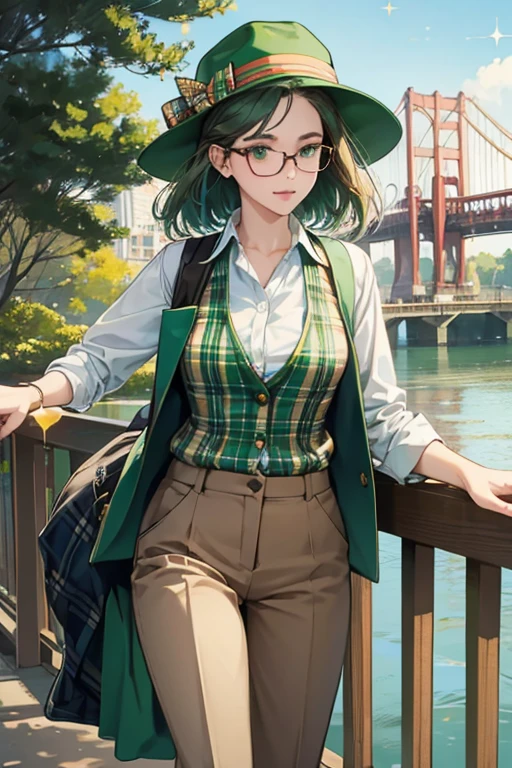 she wears a green and white plaid button down shirt, a red vest, brown pants, blue shoes, a green hat, and blue spectacles on the bridge her nose. SPARKLE; GLITTER