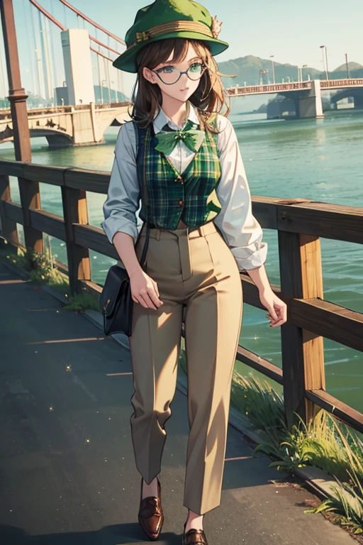 she wears a green and white plaid button down shirt, a red vest, brown pants, blue shoes, a green hat, and blue spectacles on the bridge her nose. SPARKLE; GLITTER