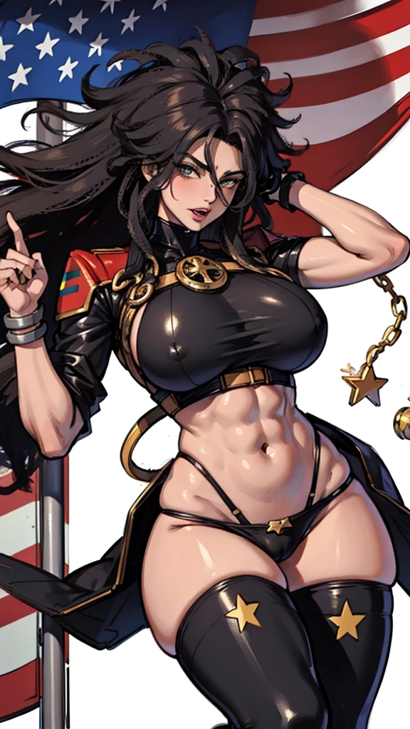 (((Simon Bisley))), (((flag))), (muscular), Mature woman 35 years muscular beautiful, (((black African woman)))), (((afro hair)))), giant robot pilot, wild with perfect body, bare thighs, black hair, wearing little clothing, dark blue clothing with white stars, red with white stripes, tiny thong, hoarse with the colors of the United States flag, sensual pose, (gigantic and massive tits:1.1), technological scenery