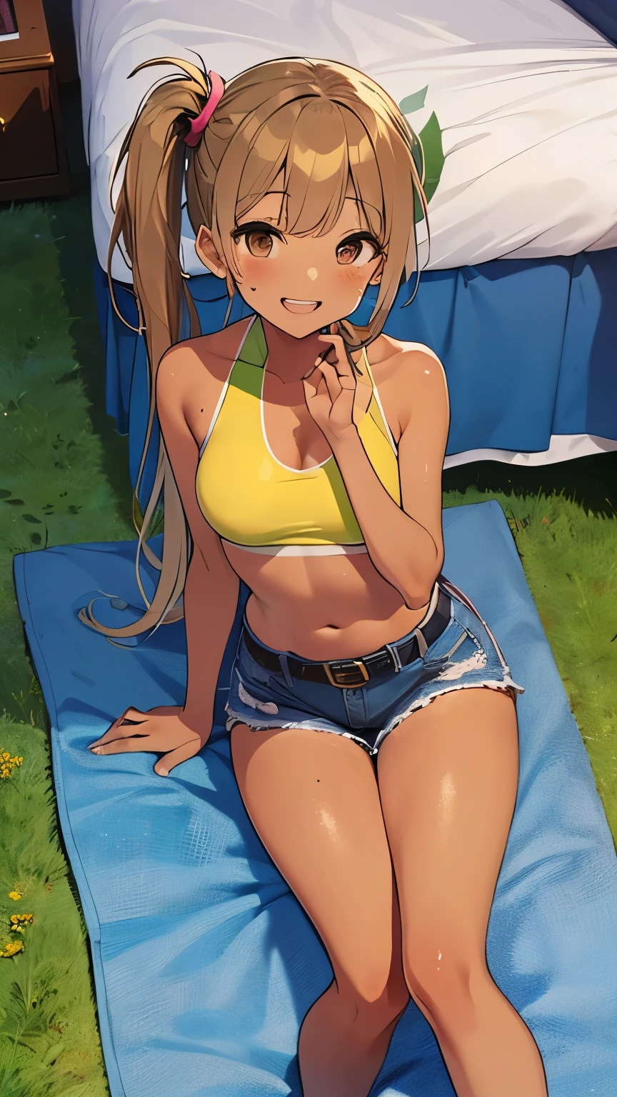 highest quality、Elementary school student bra、Beige shorts、Cute appearance、Stretch your legs in the room、Armpit sweat、Grass、Ecstasy face,(Attractive person)， (girl１)， (Highly detailed face, smile) , (日本のgirl), Slightly round face, (Tan brown face:1.6), cute, Big eyes、2D，highest quality，(masterpiece)，(((Whole body image)))，(((Head to toe on screen:1.2)))，(extra long hair:1.6)，(side ponytail:1.6),((yellow hair))，Healthy brown skin，((Denim Hot Pants are green in color))，Leather Belt，Pink-halter top，Shining bare feet，barefoot，Beautiful brown eyes，Attractive thighs，Sloppy body type，Bedroom，get drunk，Upward glance，cheeks are bright red，あざとcute，天使のようなsmile，A big smile，Close your eyes and laugh，Erotic look，Large drops of sweat all over the body，humid，Waistline、My Room、（Sleeping on your stomach:1.1），(Angle shot from directly above:1.2)，Poses that accentuate the buttocks，Angle to emphasize the buttocks，Sole