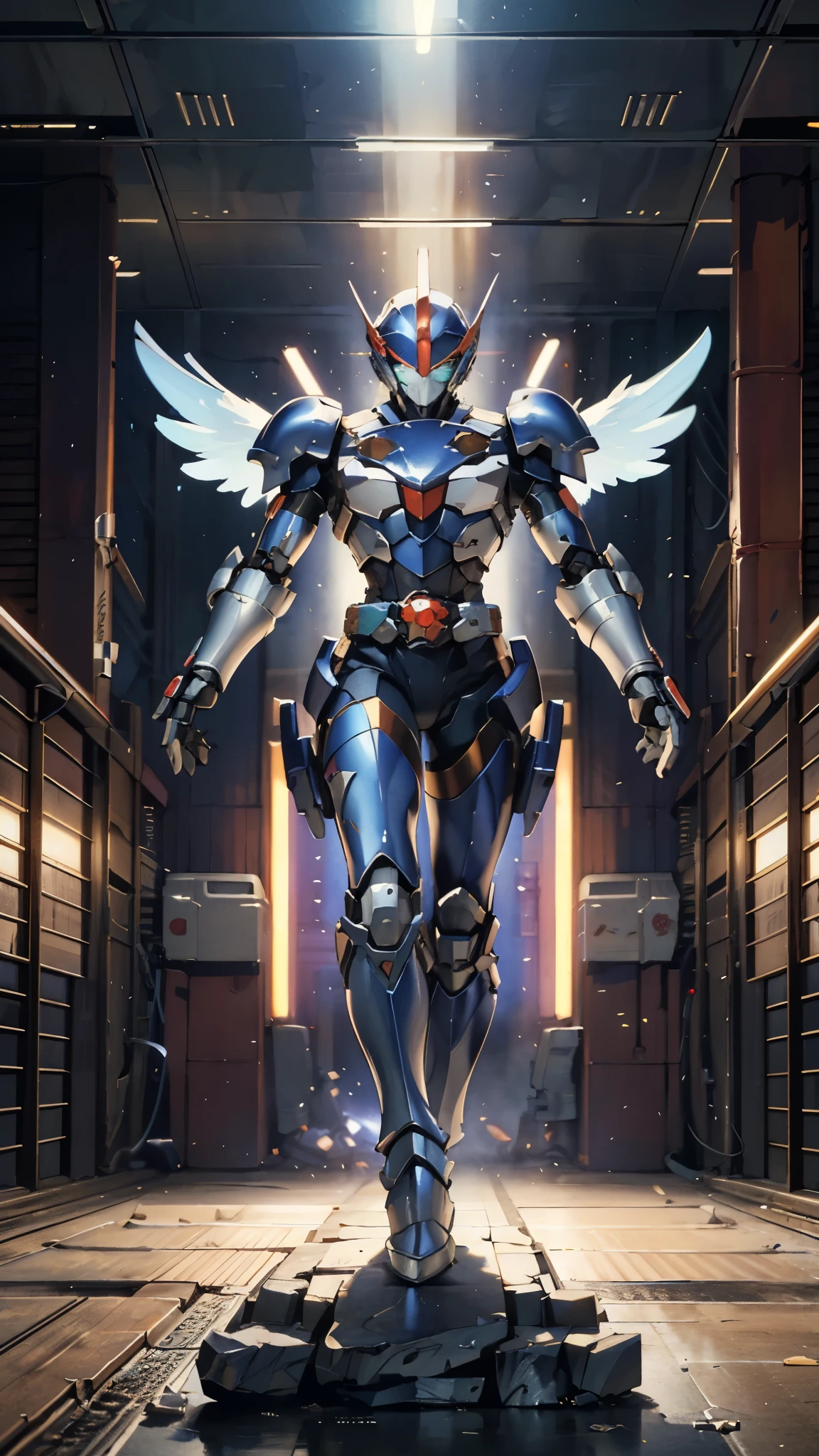 A man wearing a full-face helmet, a fantasy-style biotech armored combat suit, green eyes, (a composite layered chest armor), fully enclosed shoulder guards, matching arm and leg guards, the belt is adorned with Halo, (the color scheme is primarily white with red and blue accents), the design balances heavy with agility, a high-tech bio-mecha armor, (Armor Concept Inspired by Angel, stand on the top of a skyscraper in a futuristic sci-fi city), this character embodies a finely crafted fantasy-surreal style armored hero in anime style, exquisite and mature manga art style, (battle damage, element, plasma, energy, the armor glows), ((male:1.5)), metallic, real texture material, dramatic, high definition, best quality, highres, ultra-detailed, ultra-fine painting, extremely delicate, professional, perfect body proportions, golden ratio, anatomically correct, symmetrical face, extremely detailed eyes and face, high quality eyes, creativity, RAW photo, UHD, 32k, Natural light, cinematic lighting, masterpiece-anatomy-perfect, masterpiece:1.5