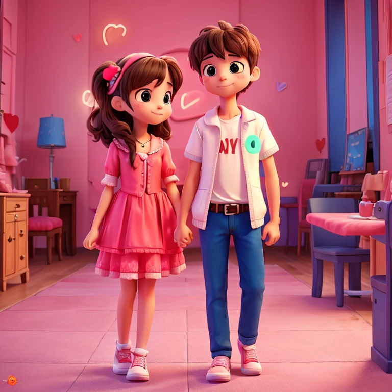 valentine couple holding hands, several small hearts, neon