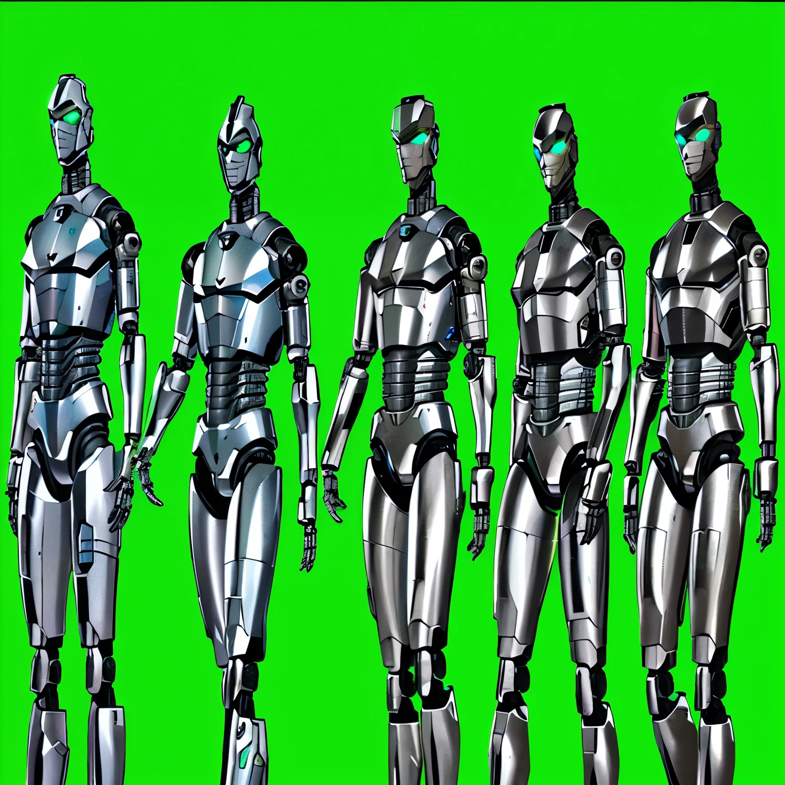 three different views of a robot standing in a line with a green background, cybernetic and highly detailed, cybersuits, lots of 3 d cyborg elements, enormous chrome man, male android, robot metallic armor, futuristic robot body, cybernetic body, diverse cybersuits, clones, robots, highly detailed cybernetic body, focus on two androids
