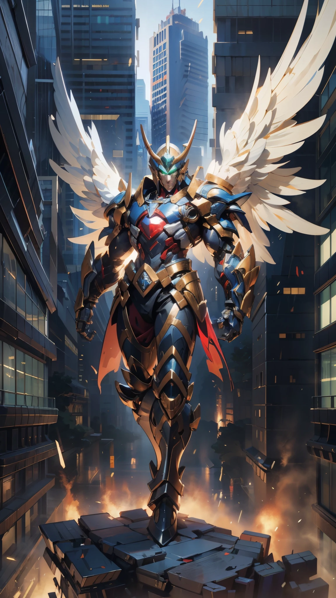 A man wearing a full-face helmet, a fantasy-style biotech armored combat suit, green eyes, (a composite layered chest armor), fully enclosed shoulder guards, matching arm and leg guards, the belt is adorned with Halo, (the color scheme is primarily white with red and blue accents), the design balances heavy with agility, a high-tech bio-mecha armor, (Armor Concept Inspired by Angel, stand on the top of a skyscraper in a futuristic sci-fi city), this character embodies a finely crafted fantasy-surreal style armored hero in anime style, exquisite and mature manga art style, (battle damage, element, plasma, energy, the armor glows), ((male:1.5)), metallic, real texture material, dramatic, high definition, best quality, highres, ultra-detailed, ultra-fine painting, extremely delicate, professional, perfect body proportions, golden ratio, anatomically correct, symmetrical face, extremely detailed eyes and face, high quality eyes, creativity, RAW photo, UHD, 32k, Natural light, cinematic lighting, masterpiece-anatomy-perfect, masterpiece:1.5