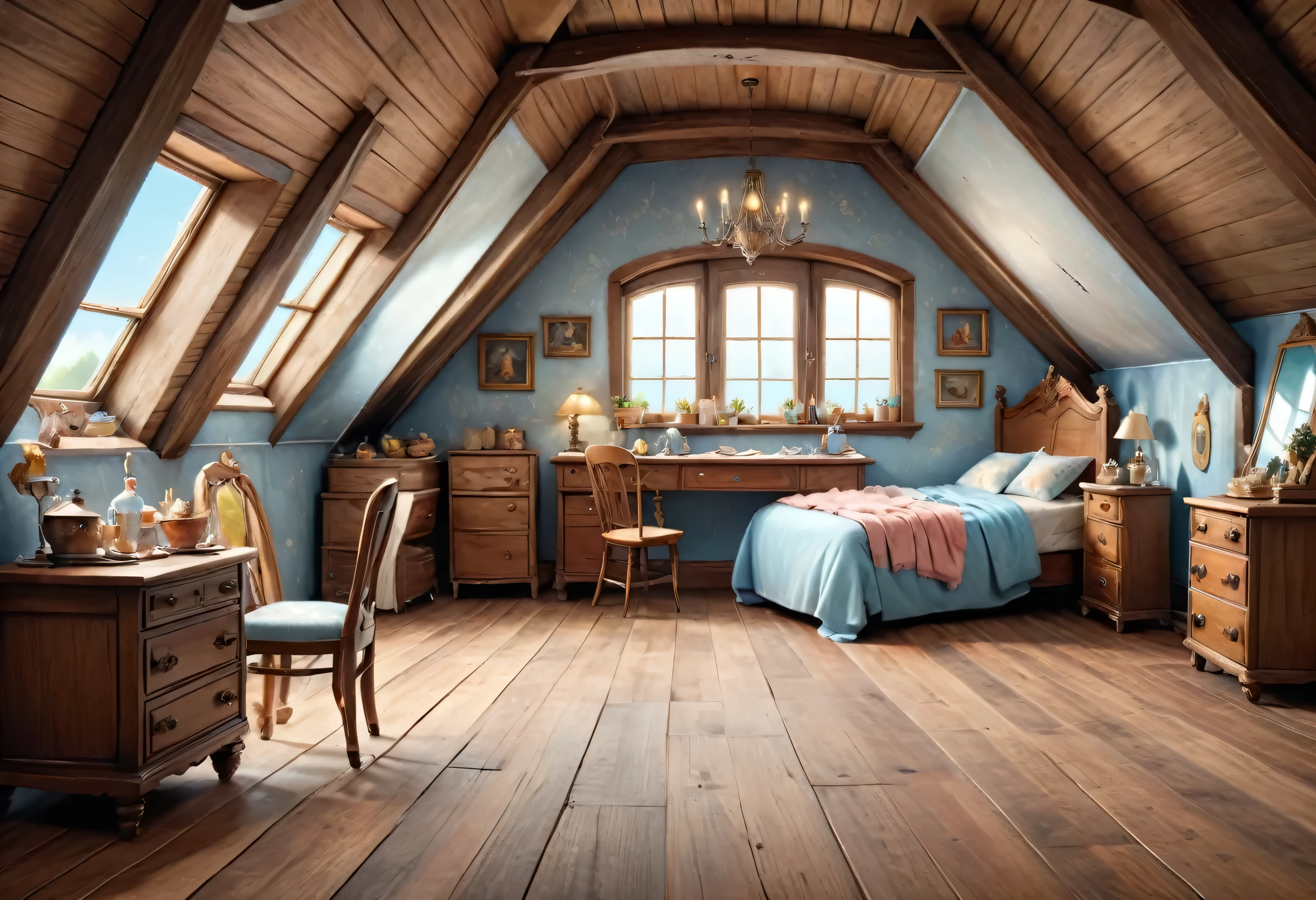 (masterpiece:2), (realistic illustration: 2), (illustration of great quality and details:2), (all shots in focus:2), (illustration based on the story of Cinderella:2), (beautiful attic) ,(antique furniture on the sides), clear center of the attic, a very spacious and clear attic in the central part, you can see a small window in the background and sewing utensils in the background, old sewing elements,((((bottom of the attic with wooden floor))), all planes are clearly focused, without characters or points in the background.