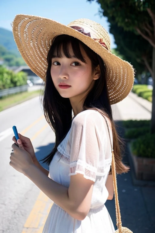 Anime Ghibli style Country town Straw hat girl
