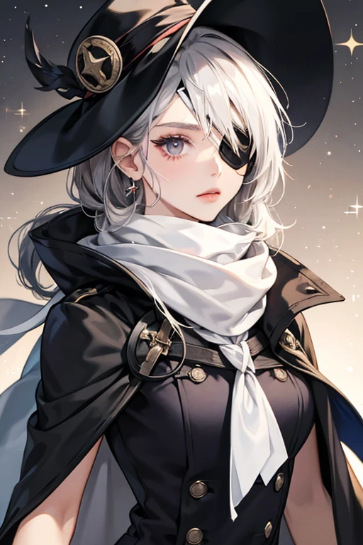 black eyepatch, hat, and cape and a white scarf around her neck. SPARKLE; GLITTER