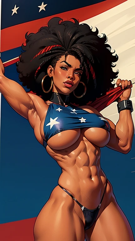 (((Simon Bisley))), (((flag))), (muscular), Mature woman 35 years muscular beautiful, (((black African woman)))), (((afro hair)))), giant robot pilot, wild with perfect body, bare thighs, black hair, wearing little clothing, dark blue clothing with white stars, red with white stripes, tiny thong, hoarse with the colors of the United States flag, sensual pose, (gigantic and massive tits:1.1), technological scenery