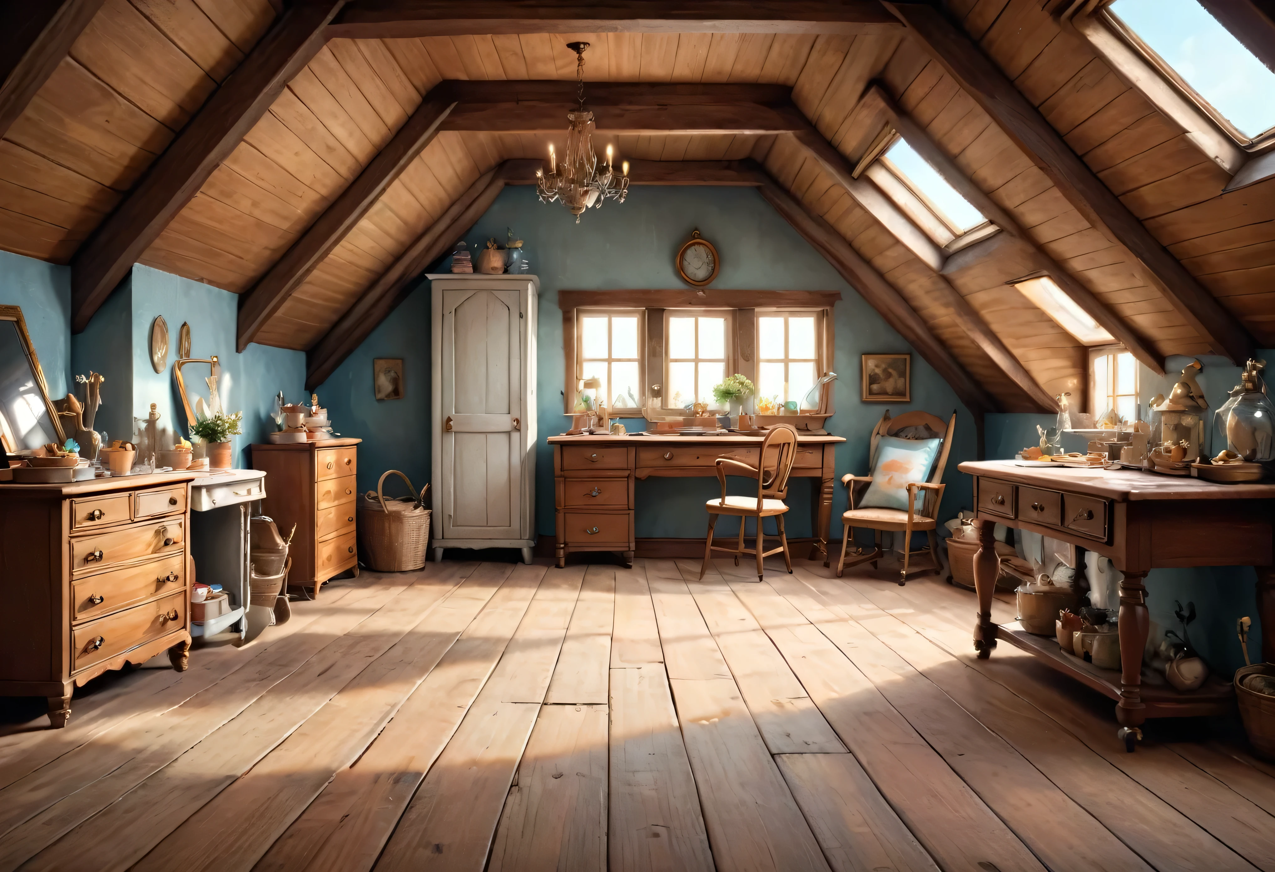 (masterpiece:2), (realistic illustration: 2), (illustration of great quality and details:2), (all shots in focus:2), (illustration based on the story of Cinderella:2), (beautiful attic) ,(antique furniture on the sides), clear center of the attic, a very spacious and clear attic in the central part, you can see a small window in the background and sewing utensils in the background, old sewing elements,((((bottom of the attic with wooden floor))), all planes are clearly focused, without characters or points in the background.