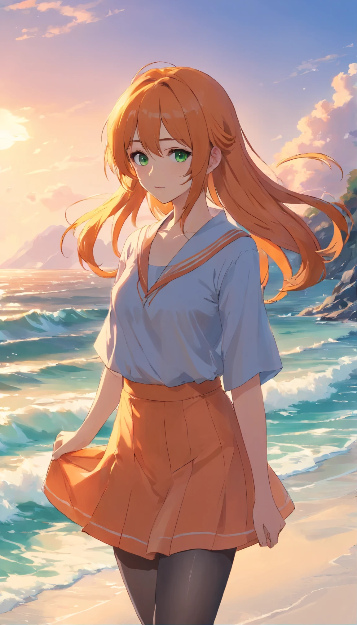 anime girl with long orange hair standing on beach near ocean, green eyes detailed digital anime art,, anime girl with long hair, smooth anime cg art, anime girl with long hair, average breast size, digital anime art, artwork in the style of guweiz, beautiful anime portrait, photorealistic anime girl render, beautiful anime girl, advanced digital anime art, pantyhose, guweiz on artstation pixiv upscale HD UHD HQ
