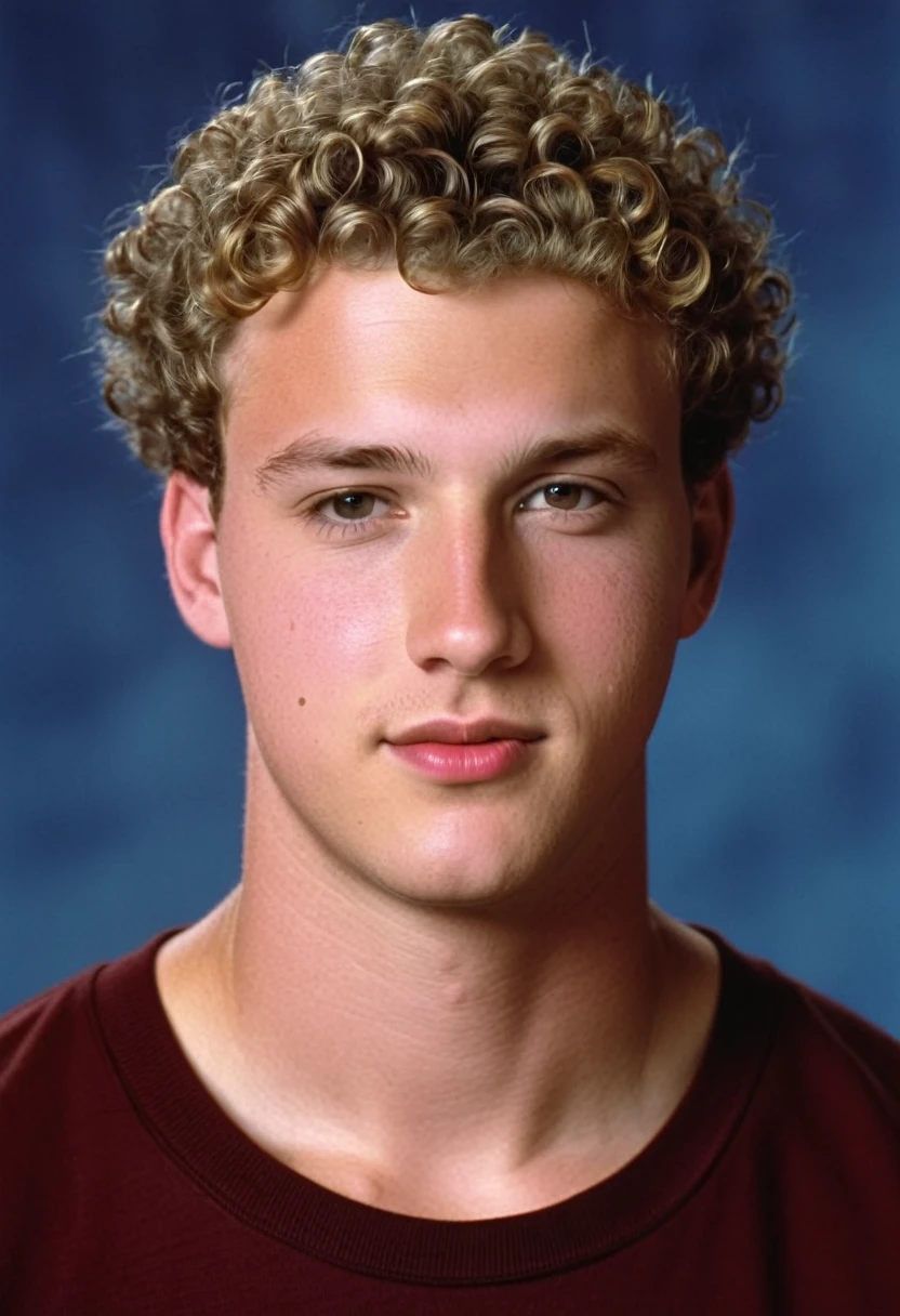 twenty six year old white man, curly sandy crewcut hair, slightly overweight but strong physique, square face, photorealism, high quality, 8k, 90s style, 1990s, untucked maroon #57 football jersey with gold trim and jeans, no background, studio portrait