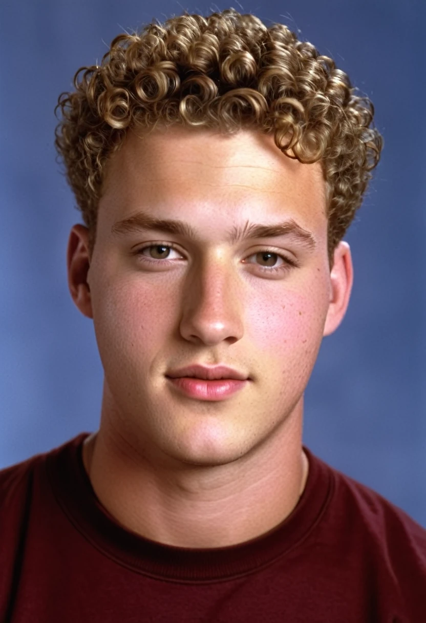 twenty six year old white man, curly sandy crewcut hair, slightly overweight but strong physique, square face, photorealism, high quality, 8k, 90s style, 1990s, untucked maroon #57 football jersey with gold trim and jeans, no background, studio portrait