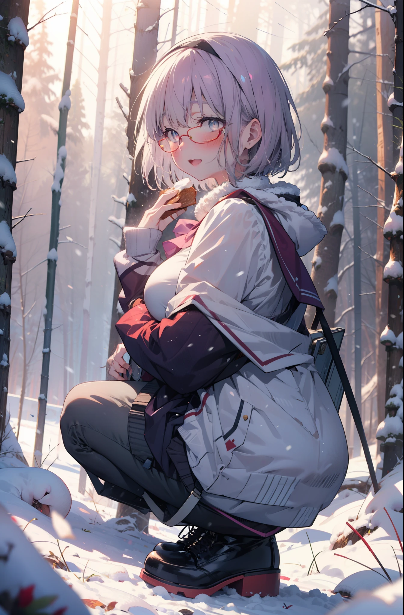 akaneshinjou, shinjou akane, Light purple hair, (Pink Eyes:1.2), short hair,Akagi Glasses,hair band,smile,blush,White Breath,Big Breasts,
Open your mouth,snow,Ground bonfire, Outdoor, boots, snowing, From the side, wood, suitcase, Cape, Blurred, having meal, forest, White handbag, nature,  Squat, Mouth closed, Cape, winter, Written boundary depth, Black shoes, red Cape break looking at viewer, Upper Body, whole body, break Outdoor, forest, nature, break (masterpiece:1.2), highest quality, High resolution, unity 8k wallpaper, (shape:0.8), (Beautiful and beautiful eyes:1.6), Highly detailed face, Perfect lighting, Extremely detailed CG, (Perfect hands, Perfect Anatomy),