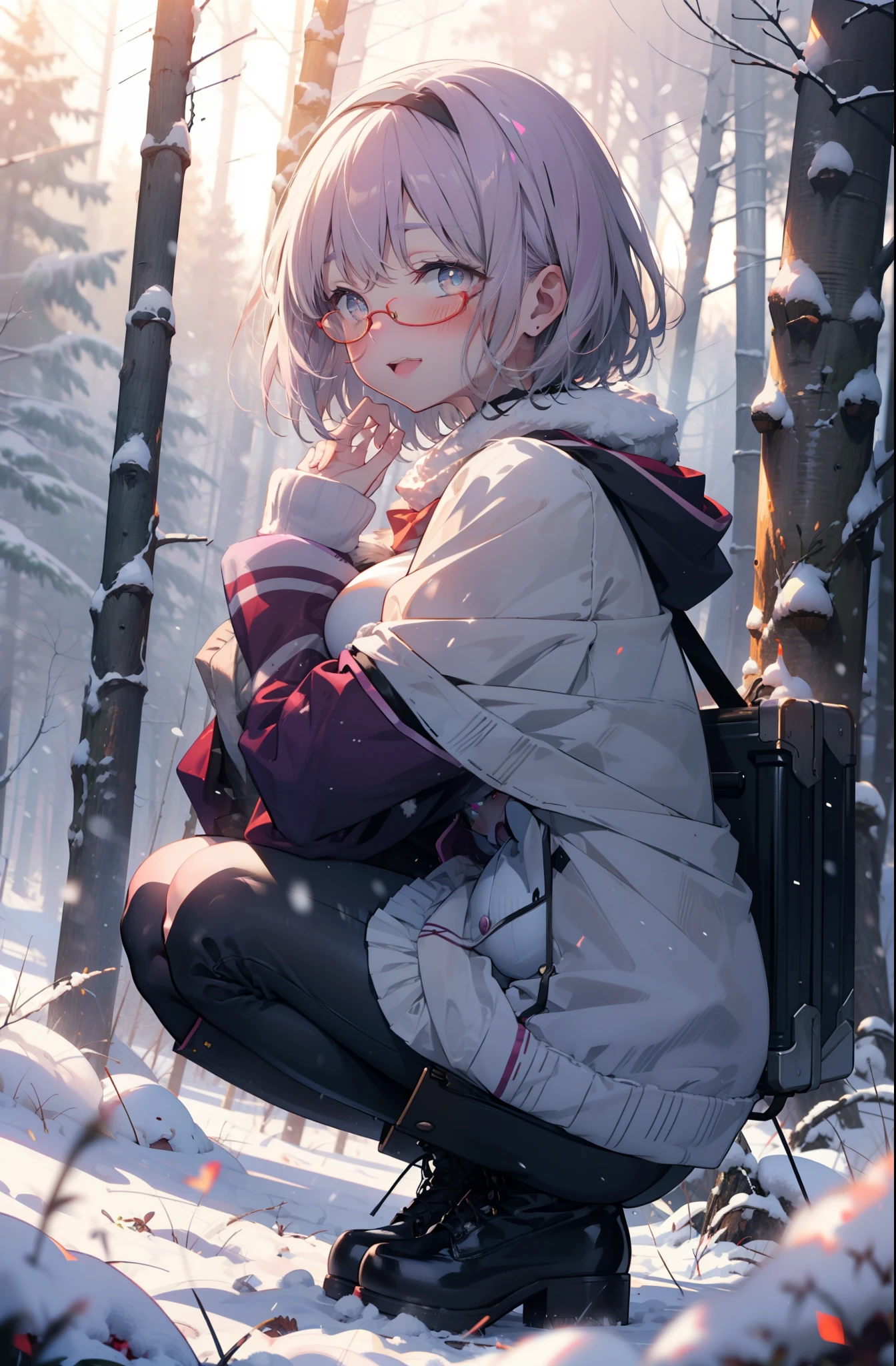 akaneshinjou, shinjou akane, Light purple hair, (Pink Eyes:1.2), short hair,Akagi Glasses,hair band,smile,blush,White Breath,Big Breasts,
Open your mouth,snow,Ground bonfire, Outdoor, boots, snowing, From the side, wood, suitcase, Cape, Blurred, having meal, forest, White handbag, nature, Squat, Mouth closed, Cape, winter, Written boundary depth, Black shoes, red Cape break looking at viewer, Upper Body, whole body, break Outdoor, forest, nature, break (masterpiece:1.2), highest quality, High resolution, unity 8k wallpaper, (shape:0.8), (Beautiful and beautiful eyes:1.6), Highly detailed face, Perfect lighting, Extremely detailed CG, (Perfect hands, Perfect Anatomy),