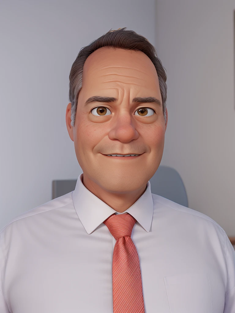 executive in office, with salmon-colored tie, fifty years old, good appearance, in the background a library full of books, realistic pixar style image, evening。at home。executive sitting and writing, man in his fifties, library in the background