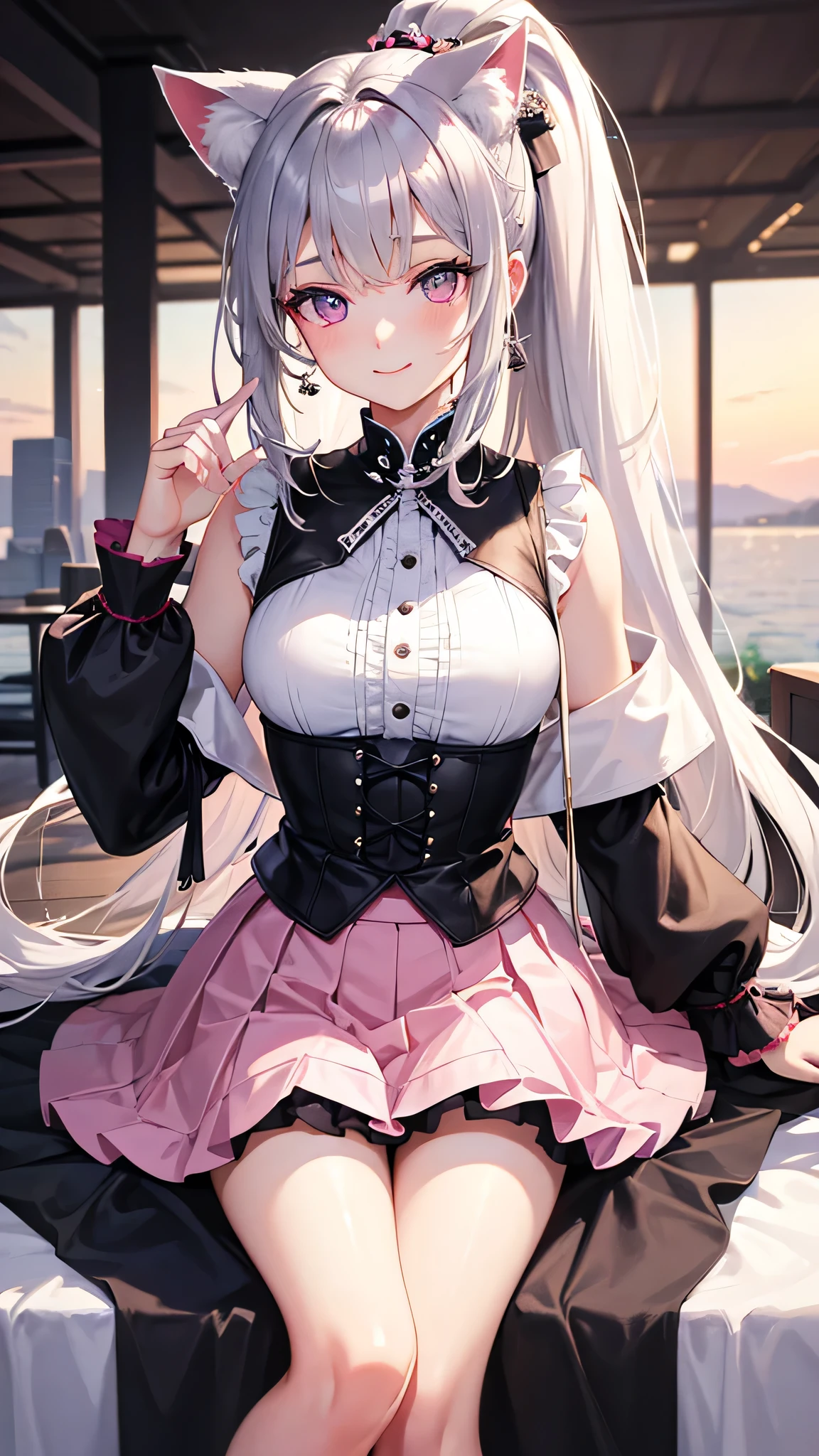 masterpiece,highest quality,Highly detailed face,fine grain,ponytail,Waterfront,bubble,Sparkling eyes,Highlighted eyes,Mid-chest,pretty girl,smile,Cat ear,Beautiful silver hair,Pink inside,Beautiful pink eyes,Oversized shirt、skirt、black tights
