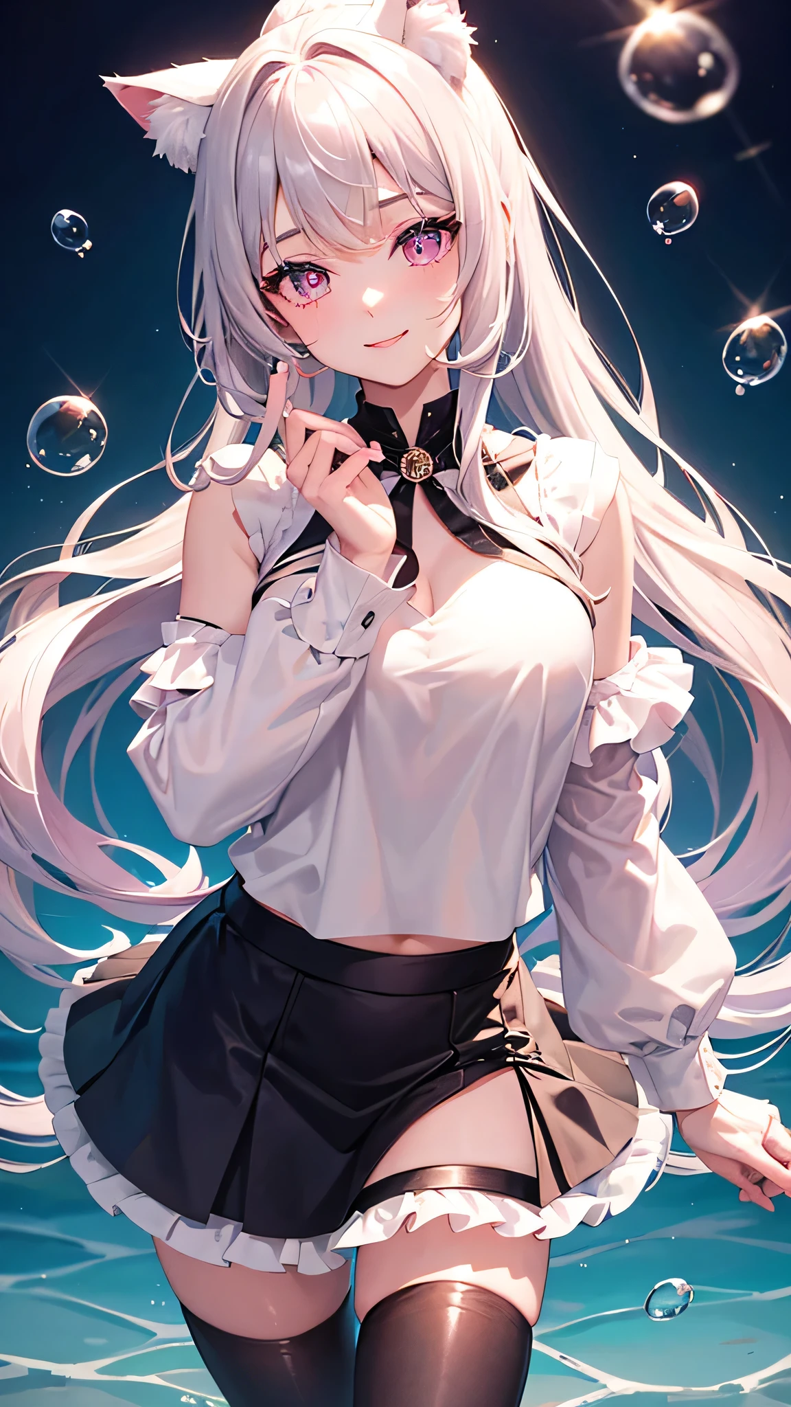 masterpiece,highest quality,Highly detailed face,fine grain,ponytail,Waterfront,bubble,Sparkling eyes,Highlighted eyes,Mid-chest,pretty girl,smile,Cat ear,Beautiful silver hair,Pink inside,Beautiful pink eyes,Oversized shirt、skirt、black tights
