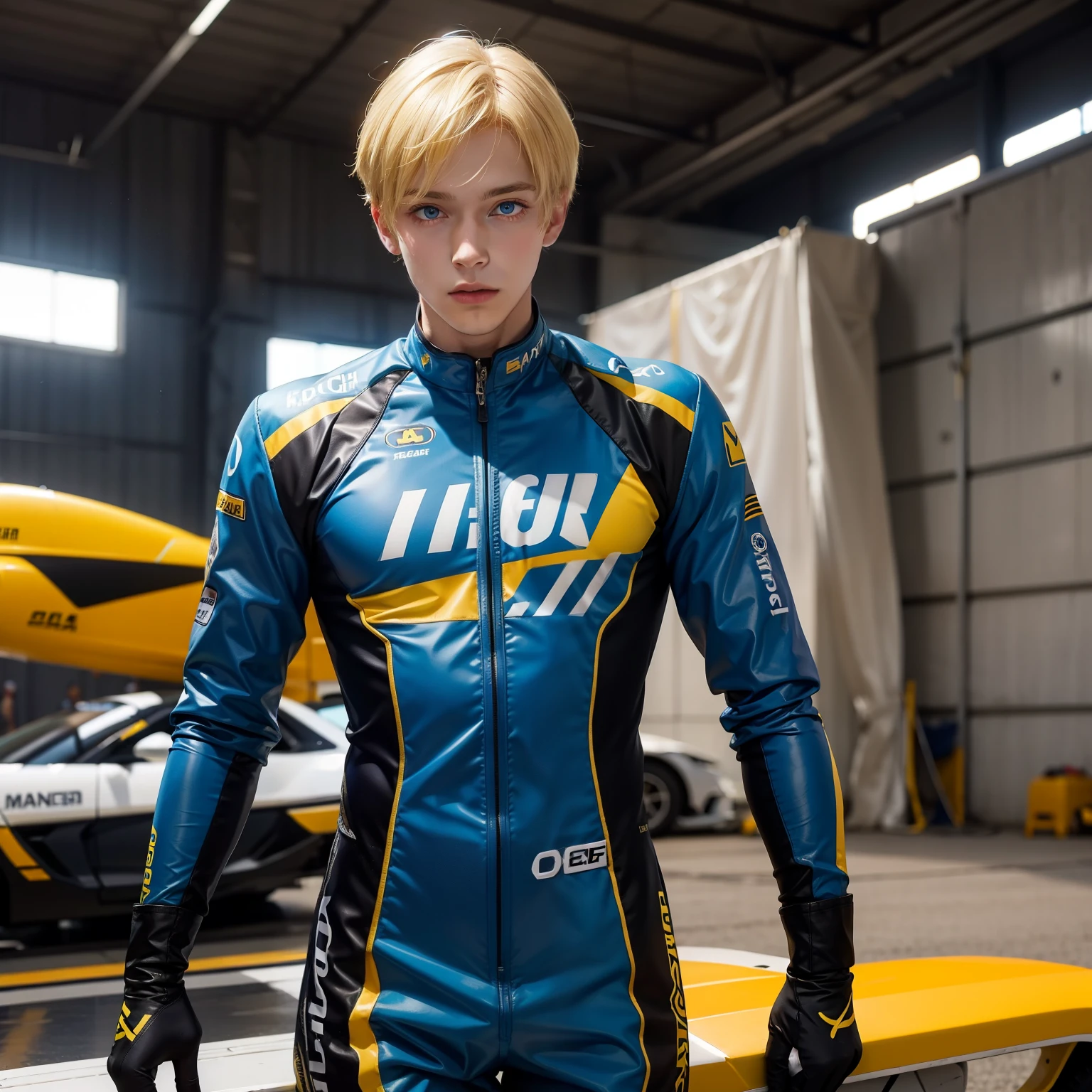 Young guy, short Yellow hair, blue eyes, prince, Cammo Racing Suit, at hangar, Masterpiece, hiquality