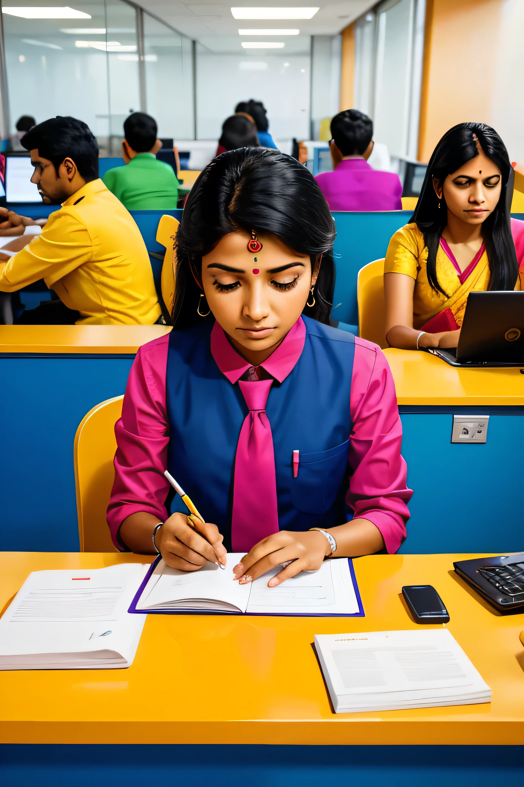 Indian company, people at work desks, working seriously, concentrating, looking busy, use of flashy colors, use of primary colors, illustration style