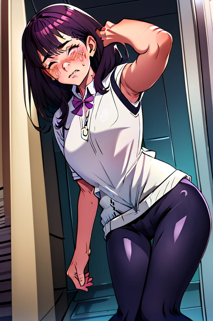 (Have to pee, peeing herself, need to pee, crying, hand beetween legs, muscles legs, knees together feet apart, skirt, leggins, sneaker, purple shirt, feet apart, black leggins, cover on shirt,