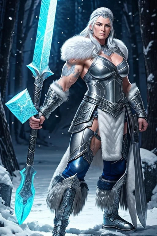 older and beautiful and muscled female frost giant with silver hair holding a large axe and glowing blue tattoos and pale skin wearing steel plate mail armour with furs, she is wearing a silver headband