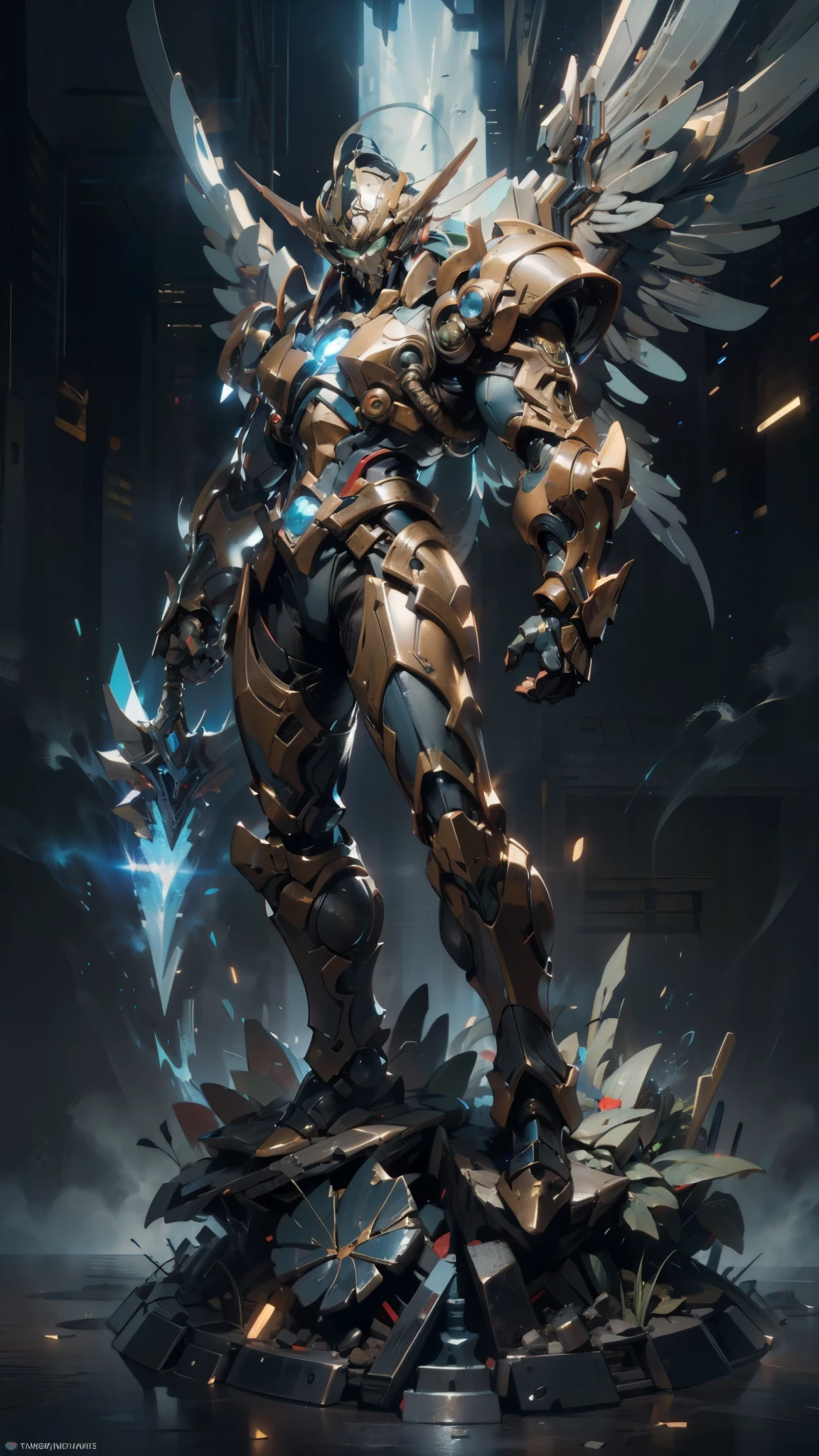 A man wearing a full-face helmet, a fantasy-style biotech armored combat suit, green eyes, (a composite layered chest armor), fully enclosed shoulder guards, matching arm and leg guards, the belt is adorned with Halo, (the color scheme is primarily white with red and blue accents), the design balances heavy with agility, a high-tech bio-mecha armor, (Armor Concept Inspired by Angel, stand on the top of a skyscraper in a futuristic sci-fi city), this character embodies a finely crafted fantasy-surreal style armored hero in anime style, exquisite and mature manga art style, (battle damage, element, plasma, energy, the armor glows), ((male:1.5)), metallic, real texture material, dramatic, high definition, best quality, highres, ultra-detailed, ultra-fine painting, extremely delicate, professional, perfect body proportions, golden ratio, anatomically correct, symmetrical face, extremely detailed eyes and face, high quality eyes, creativity, RAW photo, UHD, 32k, Natural light, cinematic lighting, masterpiece-anatomy-perfect, masterpiece:1.5