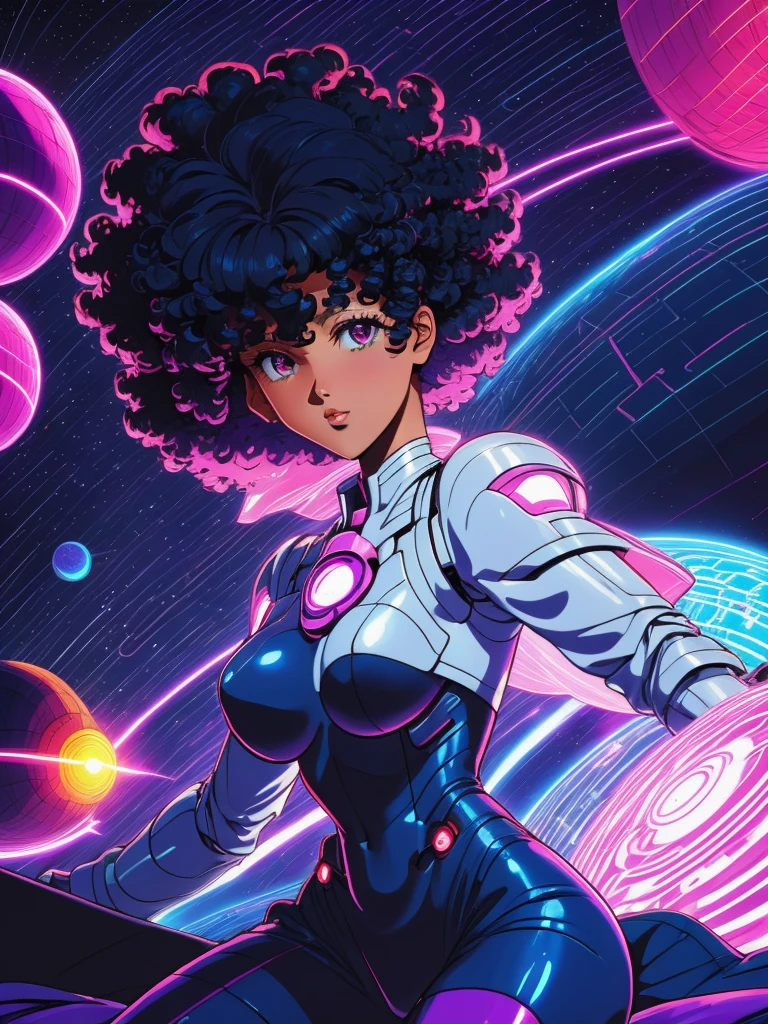 adult woman, white woman, black curly hair, short curly hair, afro haircut, afro hairstyle, afro hair, HHUD, supernova, outer space,  HUD_Neon_90s_Anime