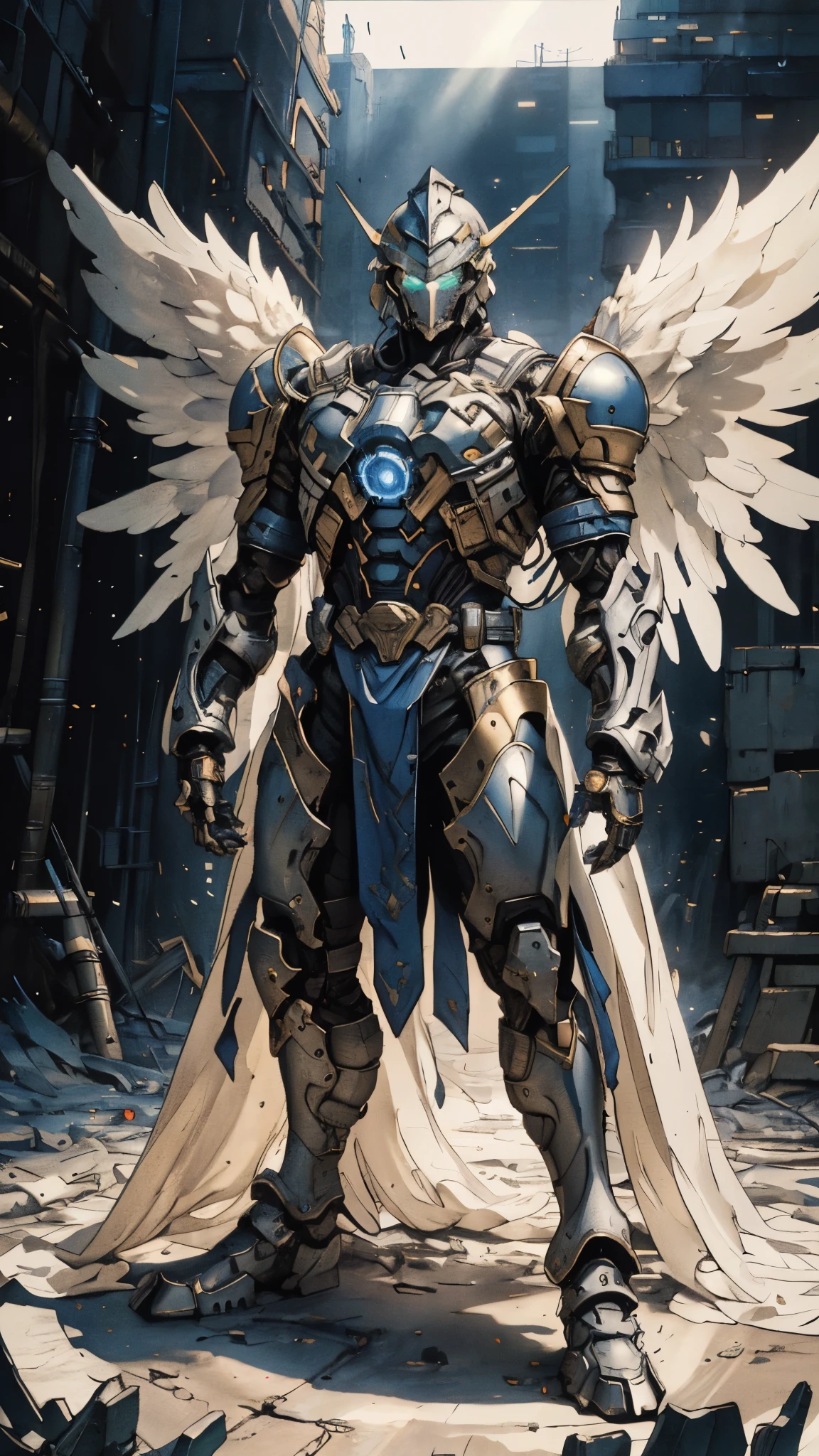 A man wearing a full-face helmet, a fantasy-style biotech armored combat suit, green eyes, (a composite layered chest armor), fully enclosed shoulder guards, matching arm and leg guards, the belt is adorned with Halo, (the color scheme is primarily white with red and blue accents), the design balances heavy with agility, a high-tech bio-mecha armor, (Armor Concept Inspired by Angel, stand on the top of a skyscraper in a futuristic sci-fi city), this character embodies a finely crafted fantasy-surreal style armored hero in anime style, exquisite and mature manga art style, (battle damage, element, plasma, energy, the armor glows), ((male:1.5)), metallic, real texture material, dramatic, high definition, best quality, highres, ultra-detailed, ultra-fine painting, extremely delicate, professional, perfect body proportions, golden ratio, anatomically correct, symmetrical face, extremely detailed eyes and face, high quality eyes, creativity, RAW photo, UHD, 32k, Natural light, cinematic lighting, masterpiece-anatomy-perfect, masterpiece:1.5