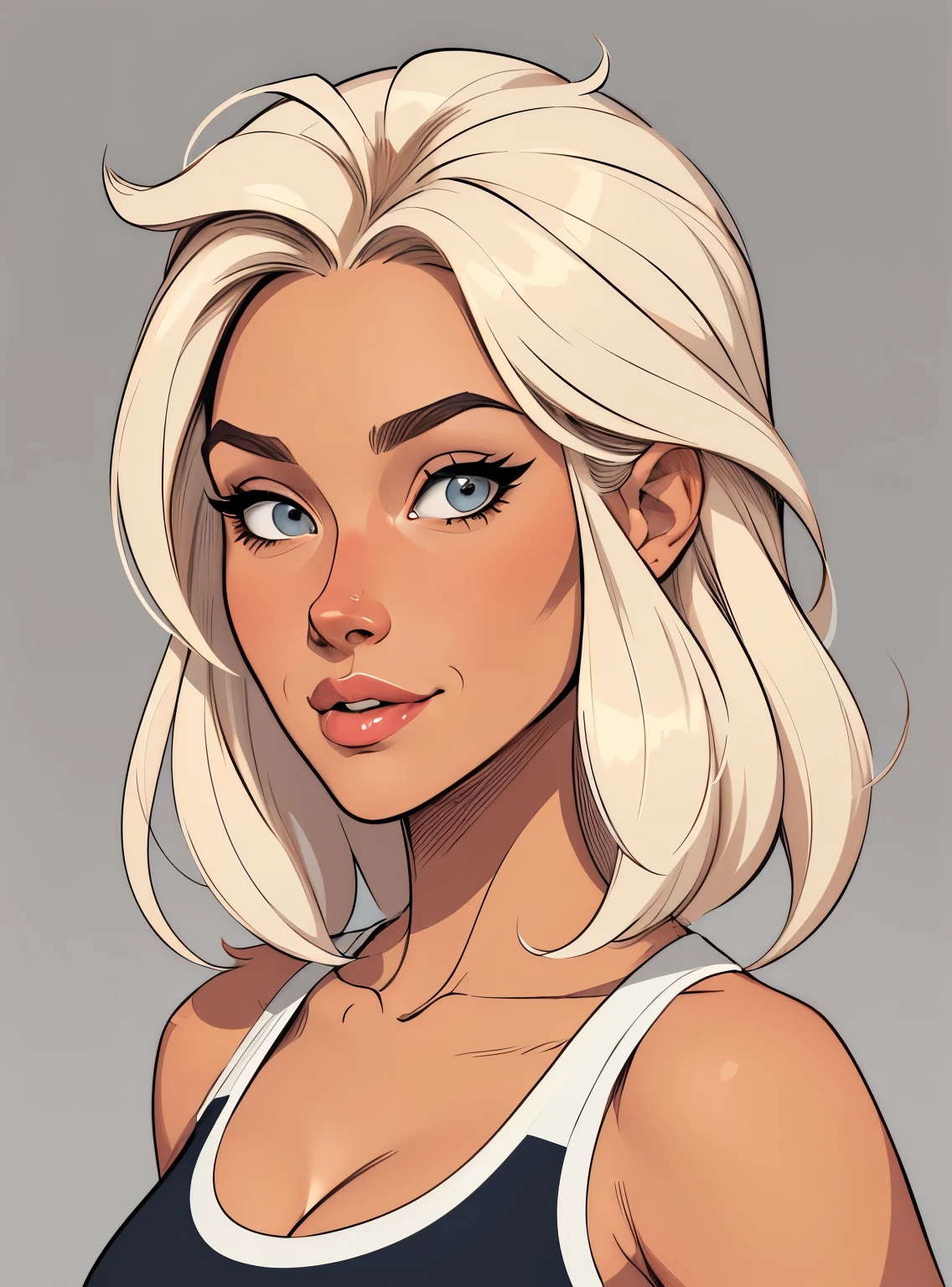 (cartoon style:1.2), Cartoon image of a Flat colors, close up, portrait of a 25 year old surfer looking girl, tan skin, beach blonde salty hair, natural beaty, beautiful, casual, see thru tank top, Cleavage simply white background  , Super cute, Cartoon style illustration, Cartoon Art Style, Cartoon Art Style, Digital illustration style, Highly detailed character design, cute detailed digital art, City Girl Fan Art, Portrait Character Design, beautiful digital illustration, high quality portrait, Comic art, Character Design Portrait, ((([simply grey background])))