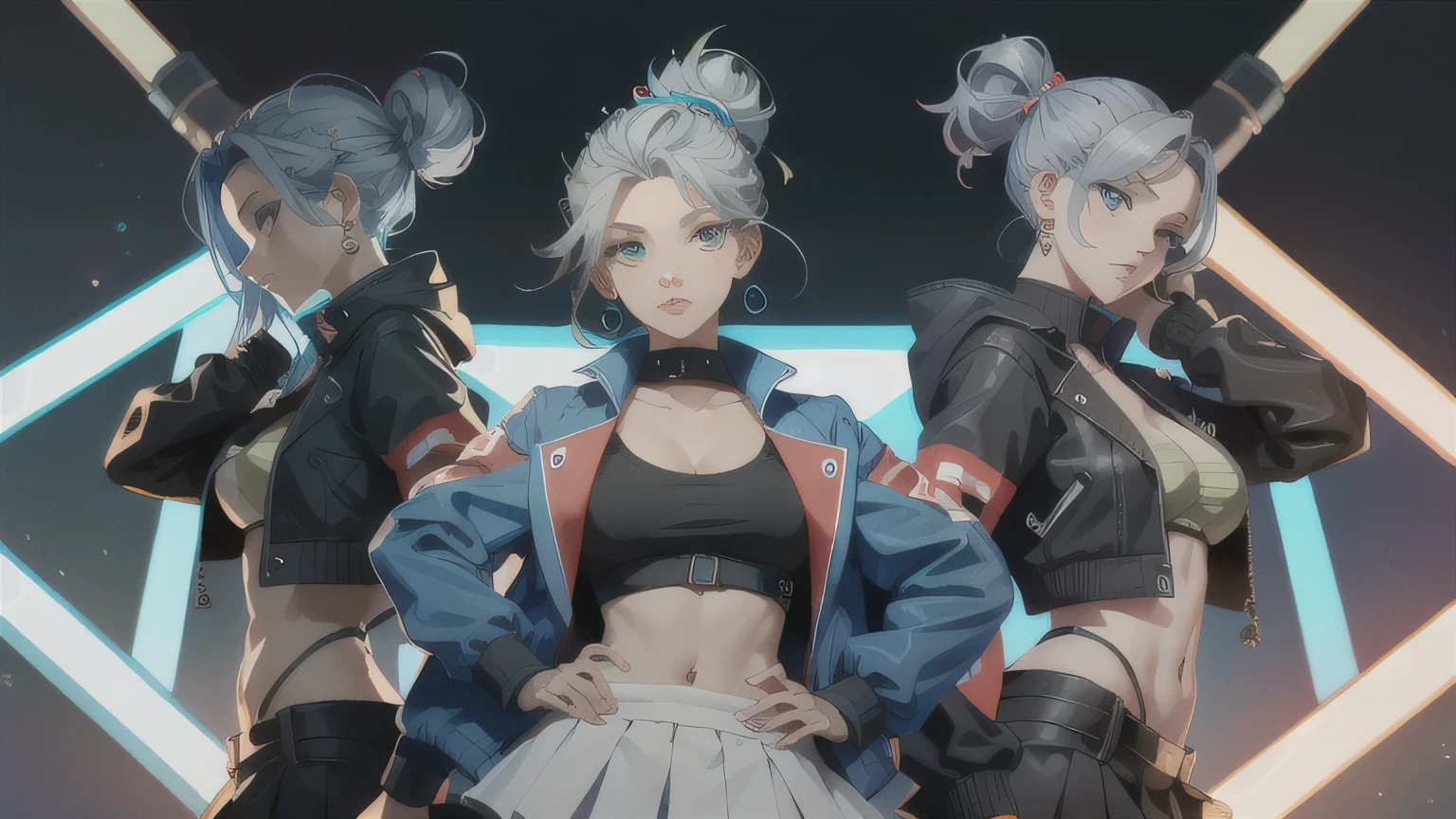 best quality, masterpiece, 8k wallpaper, absurd, highres, ultra detailed, (****ung beautiful girl, solo: 1.1), piercing eyes, navel, fingerless gloves, blue cropped jacket, blue crop top, colorful hair, single bun hair, earrings, gray hair, blue crop top, navel, makeup, green hair, open jacket, two-tone hair, open shirt, blue eyes, lips, triangle earrings, gray hair, breasts, blue short skirt, hoop earrings, standing, black gloves, gray hair, zipper, BREAK