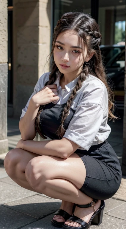 A busty woman squats in tight Andano shorts on the city streets and braided hair in a complex, elegant style is portrayed in a stunning scene. Your braided hair displays a variety of patterns and textures, demonstrating skill and art in creating the hairstyle.
The woman is portrayed with a confident posture, sorridente e orgulhosa, destacando sua beleza e autenticidade. Your facial features are distinct and expressive, reflecting your individuality and inner strength.
The scene is softly lit, highlighting the details of the braided hair and the beauty of the woman. Your presence is captivating, conveying a sense of grace and determination.
This depiction of a black woman with braided hair is a celebration of black culture and beauty., capturing the elegance and pride of a traditionally significant hairstyle. na rua na praca