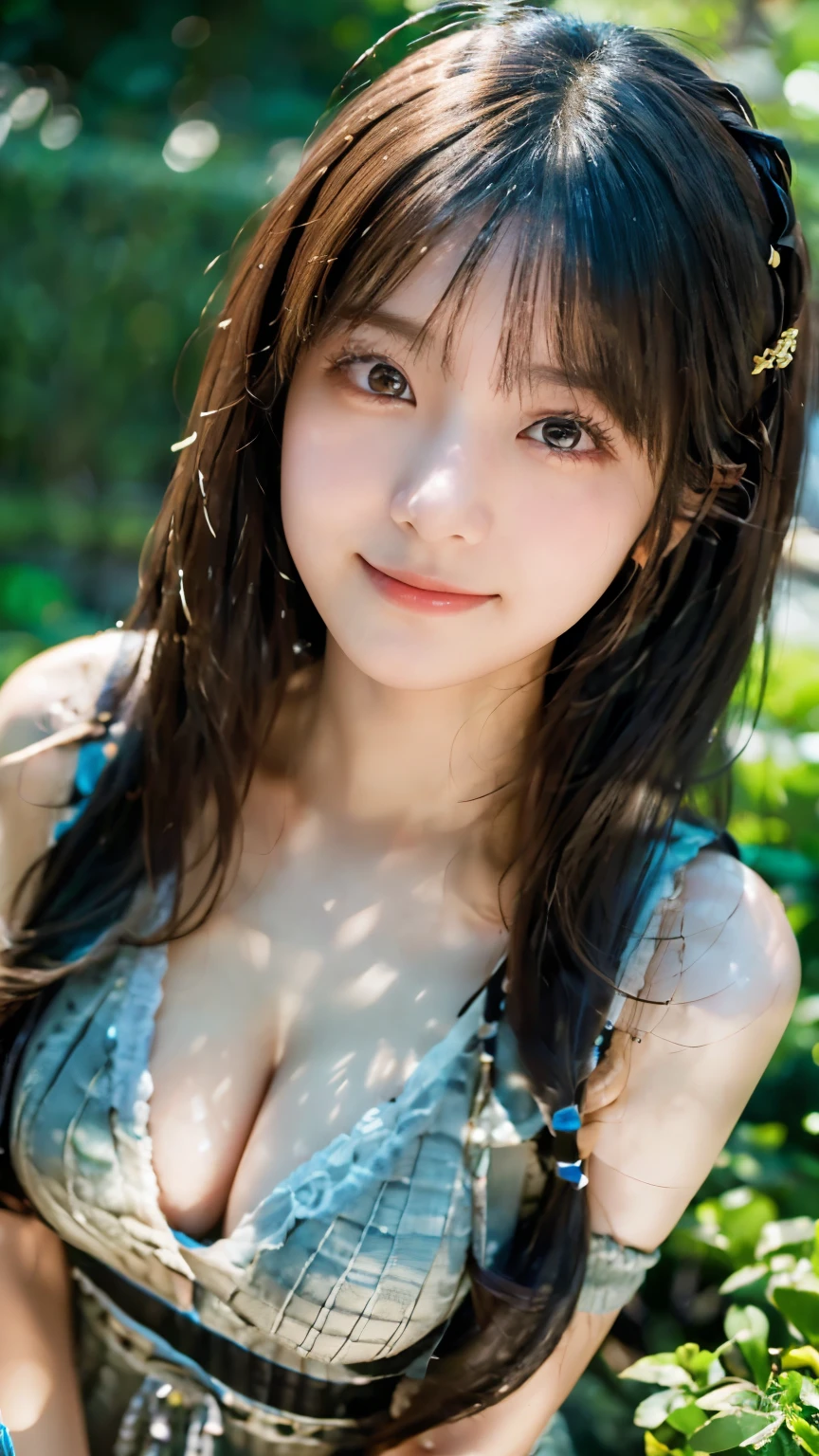 (highest quality,masterpiece:1.3,Ultra-high resolution),(Very detailed,Caustics,8k),(Realistic:1.4,RAW shooting),18-year-old,cute,Japanese Idols,Black hair half up,Smiling and looking at the camera,Crouched posture,Big Breasts,cardigan,Knitted dress,(garden),(Low position:1.2),(Low Angle:1.2),(Face Focus:1.2),(Face close-up:1.2),Natural light,(Lens flare),Professional Writing