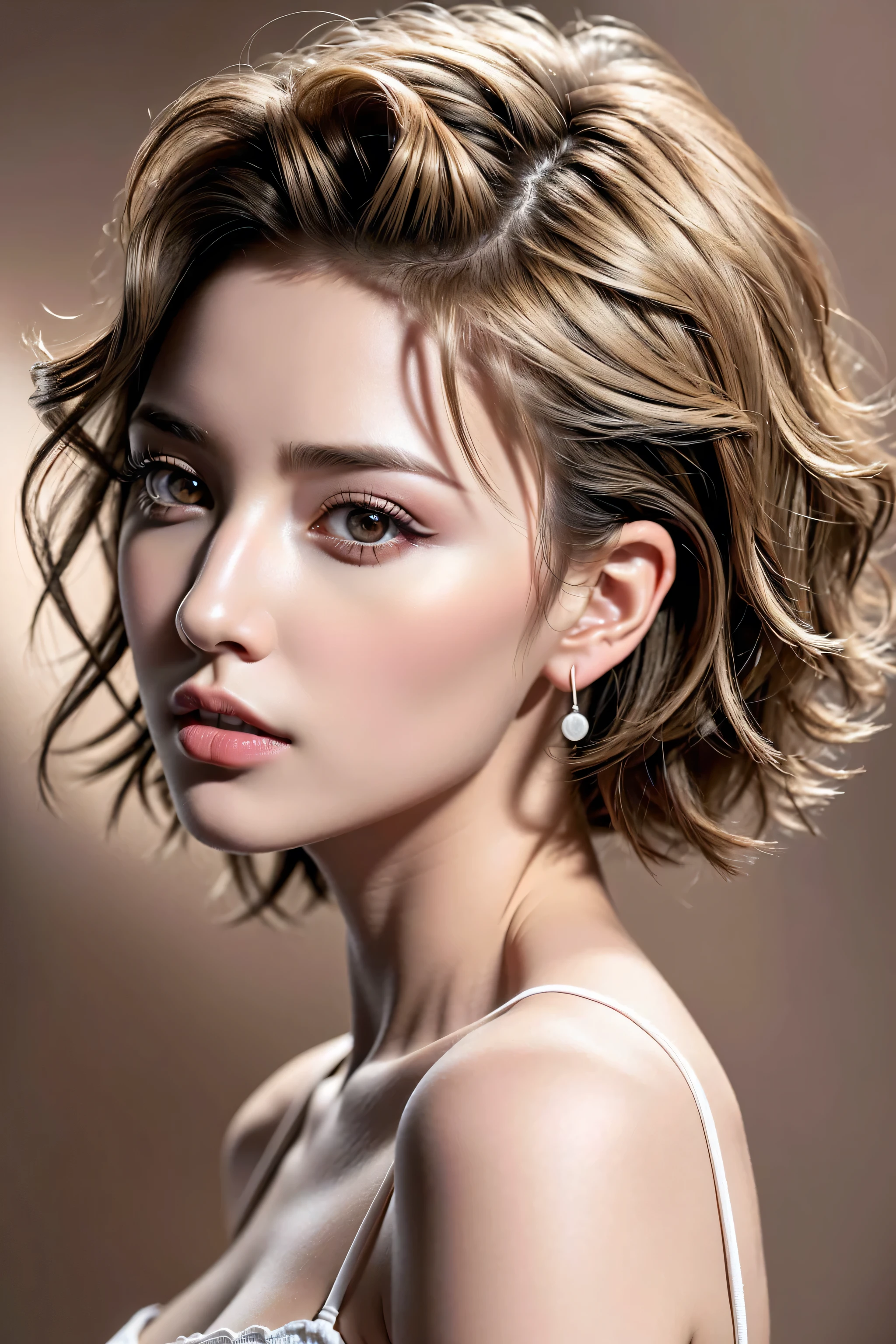 Realism, a realistic photo of (1girl:1.3, 20-year-old), ((in a photo studio)), (Warm color background:1.25), ((short blonde hair, (wavy, combed up, behind the ear), extremely detailed:1.28)), (extremely detailed CG unity 8k wallpaper), (best high quality real texture skin:1.3, A woman with velvety skin:1.2), ((best high quality real texture hair)), photo of the most beautiful artwork in the world, professional majestic (photography by Steve McCurry), 8k uhd, dslr, soft lighting, high quality, Fujifilm XT3 sharp focus, f 5.6, High Detail, dramatic, ((Dynamic position:1.4)), ((look right, look left, up and down)), ((wide shot from random side of face:1.4)), Wear a white tank top, (the most absurd quality perfect eyes:1.15), ((super beautiful cute sharp-face)), (light pale complexion), ((clear no blur and sharp perfect round realistic brown_eyes:1.25), ultra details:1.2), ((finely detailed pupils:1.2)), ((detailed symmetrical lips:1.2)), pink_lipstick:1.18, ((studio professional body and face lighting:1.3)), ((zoom out the camera:1.4))
