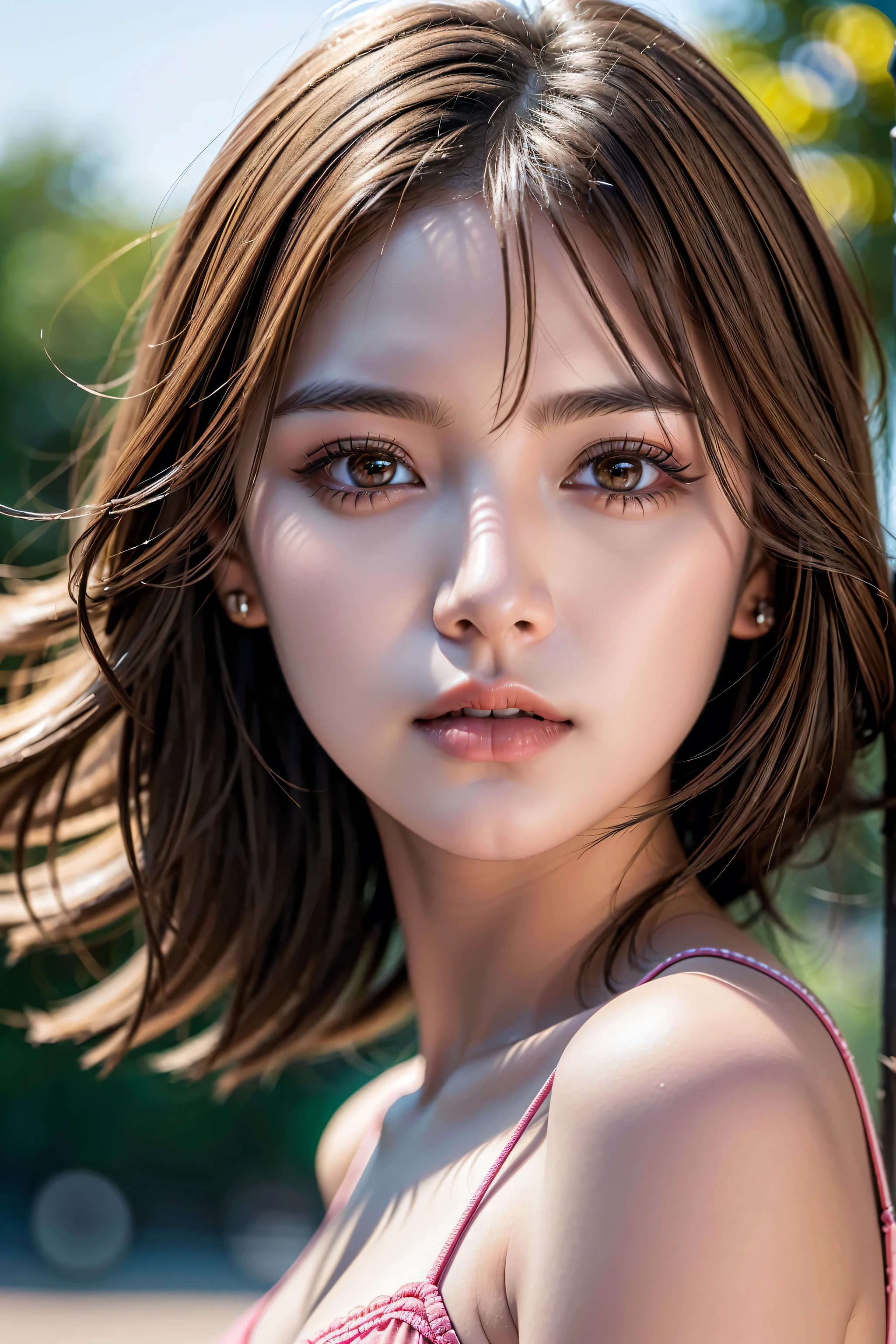 Realism, a realistic photo of (1girl:1.3, 20-year-old), in a sundress, blonde hair, beach, (extremely detailed CG unity 8k wallpaper), (best high quality real texture skin:1.3, A woman with velvety skin:1.2), ((best high quality real texture hair)), photo of the most beautiful artwork in the world, professional majestic (photography by Steve McCurry), 8k uhd, dslr, soft lighting, high quality, Fujifilm XT3 sharp focus, f 5.6, High Detail, dramatic, (Warm color background:1.25), ((wide shot from a random side of her face:1.4)), Wear a white tank top, (the most absurd quality perfect eyes:1.15), ((super beautiful cute sharp-face)), (light pale complexion), ((clear no blur and sharp perfect round realistic brown_eyes:1.25), ultra details), ((finely detailed pupils:1.2)), ((detailed symmetrical lips:1.3)), pink_lipstick:1.25, (natural light), (zoom out the camera)