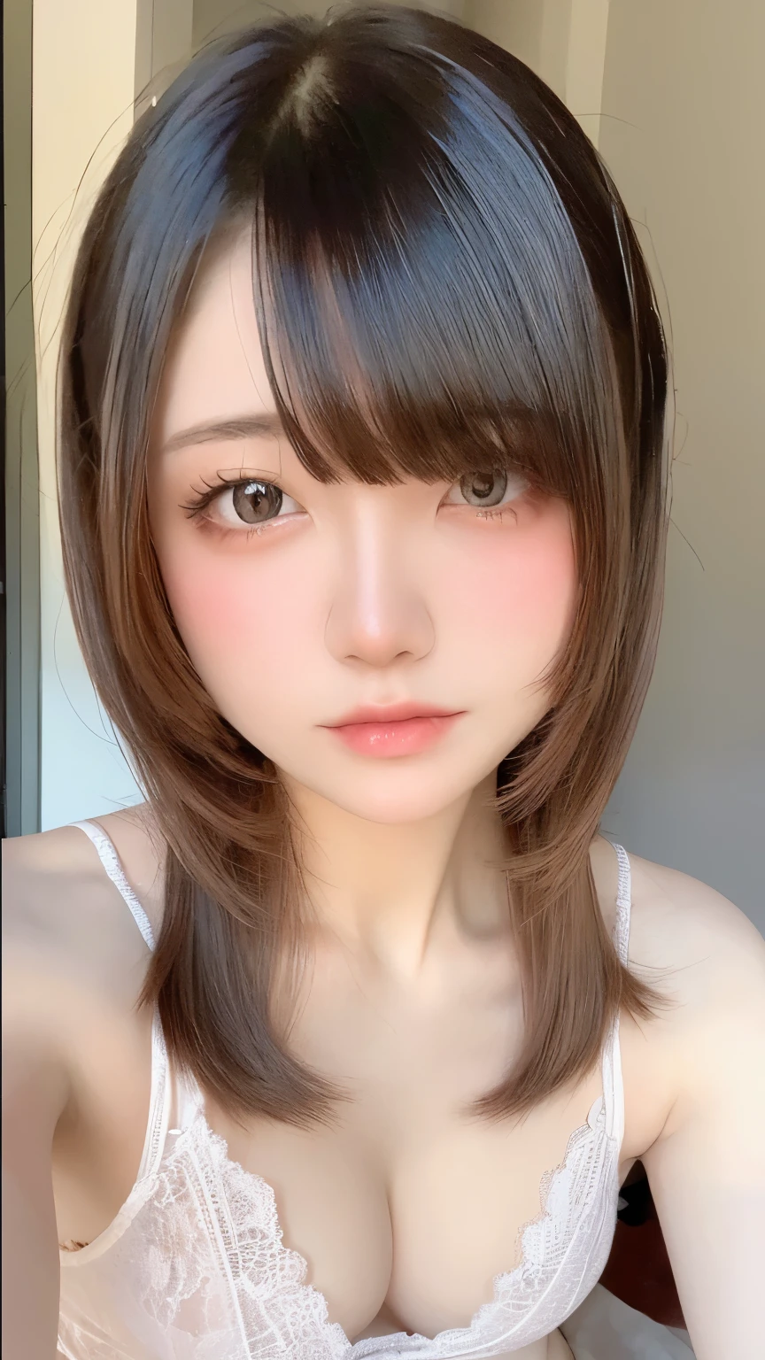 Beautiful and fair、Radiant Skin, 3 Up, Gorgeous, bright, Refreshing and gentle expression, Perfect beautiful face、Beautiful shiny bangs, A very beautiful girl, Eyeliner, Very perfect eyes,Very large breasts,Grooves reveal original skin,Muscular body,Huge light brown tight lace underwear,Upper Body
